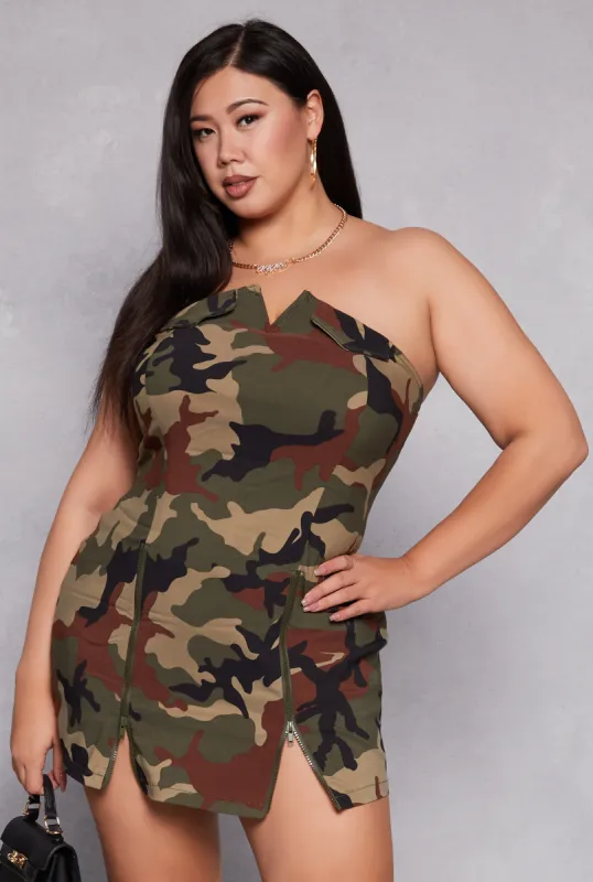 Plus Size Camo Zipper Detail Tube Dress sold by Rainbow
