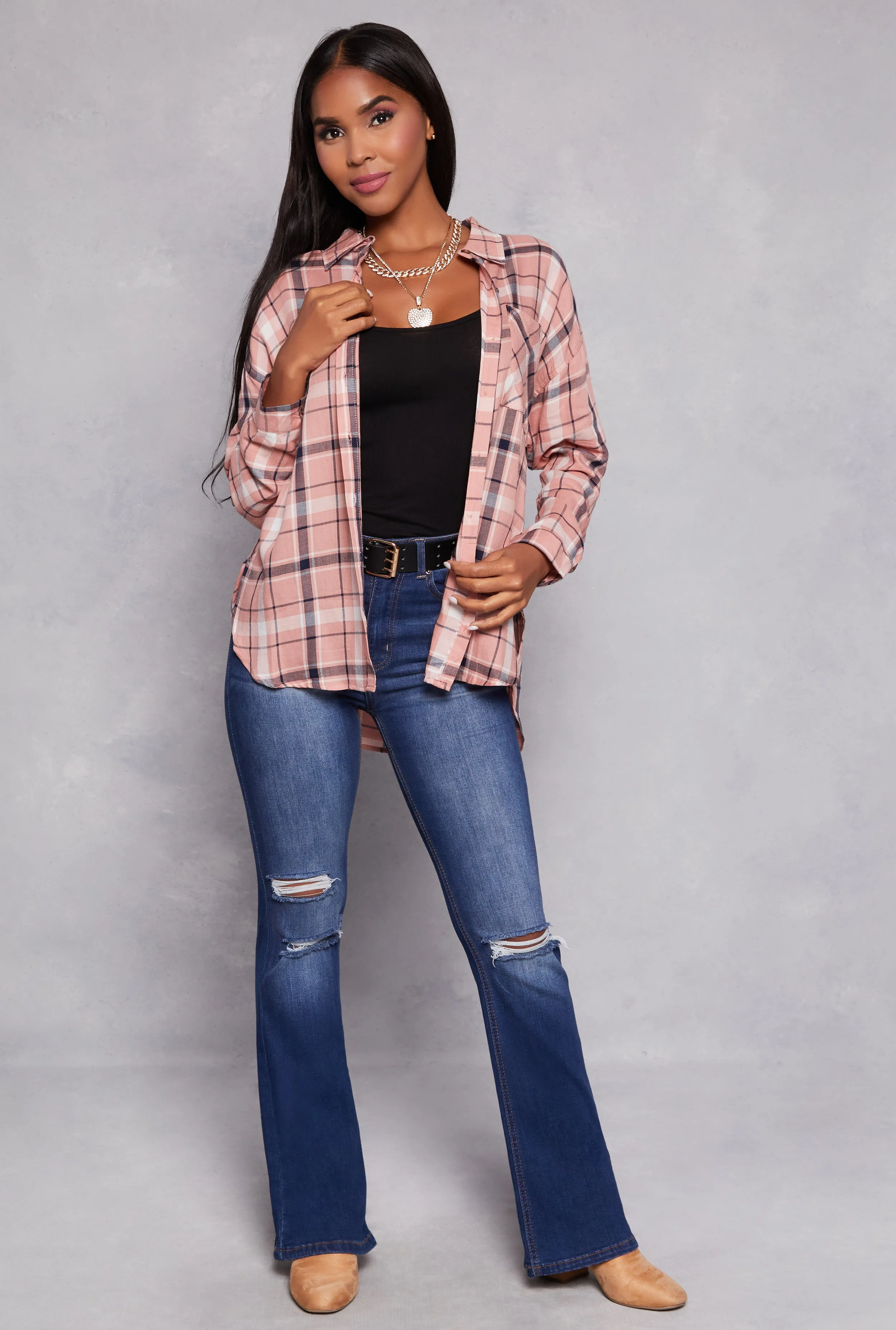 Plaid Tabbed Sleeve Button Front Shirt sold by Rainbow product image thumbnail 2