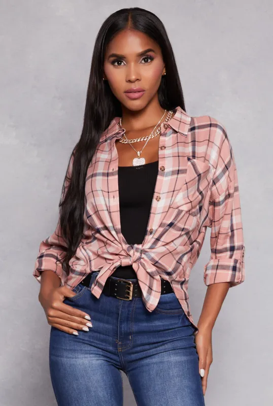 Plaid Tabbed Sleeve Button Front Shirt sold by Rainbow