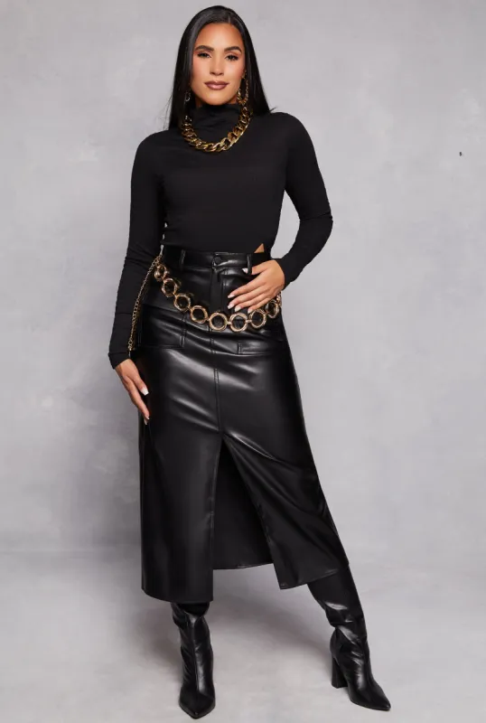 Faux Leather Slit Front Cargo Pocket Skirt sold by Rainbow