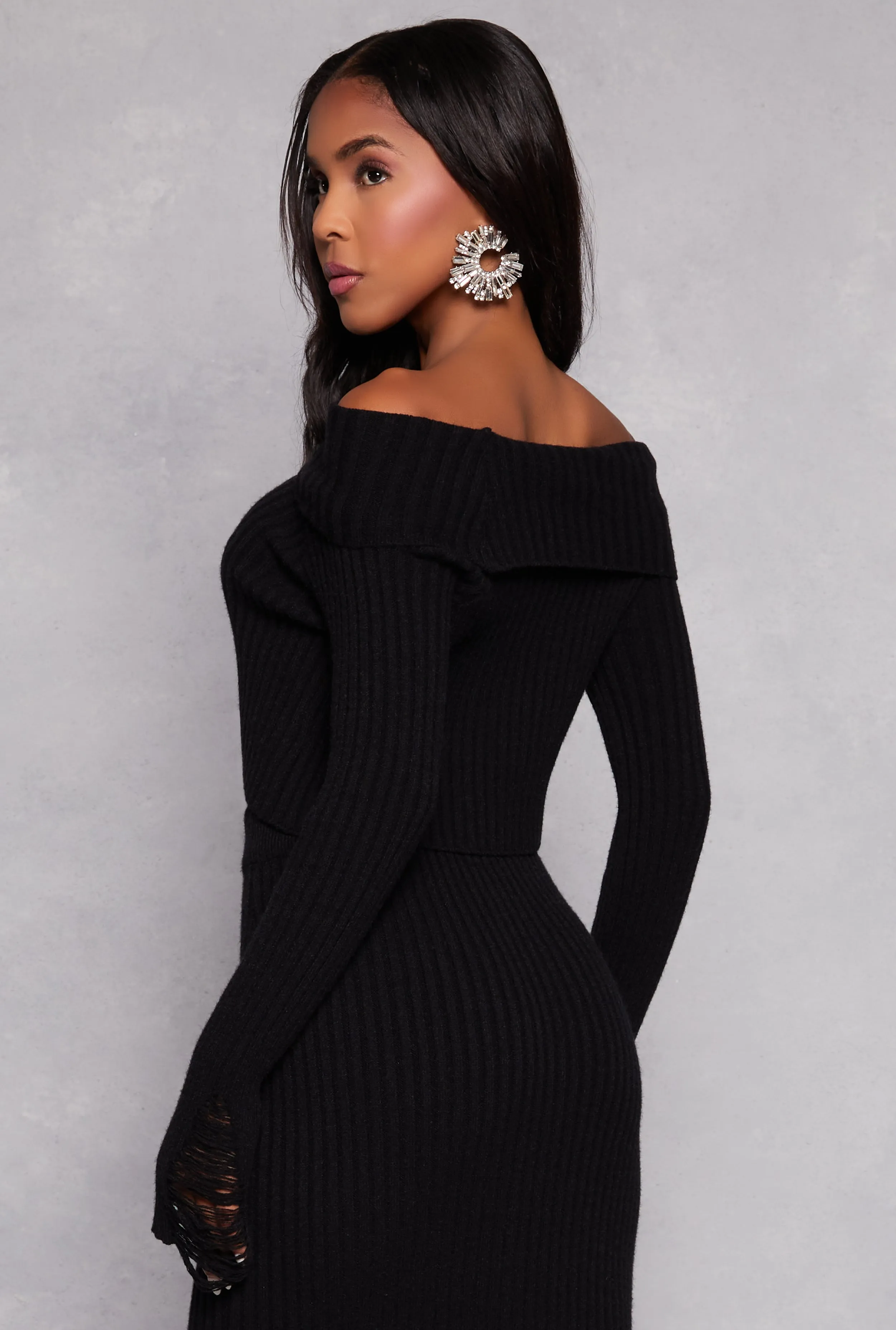 Distressed Ribbed Knit Off the Shoulder Sweater sold by Rainbow product image thumbnail 3
