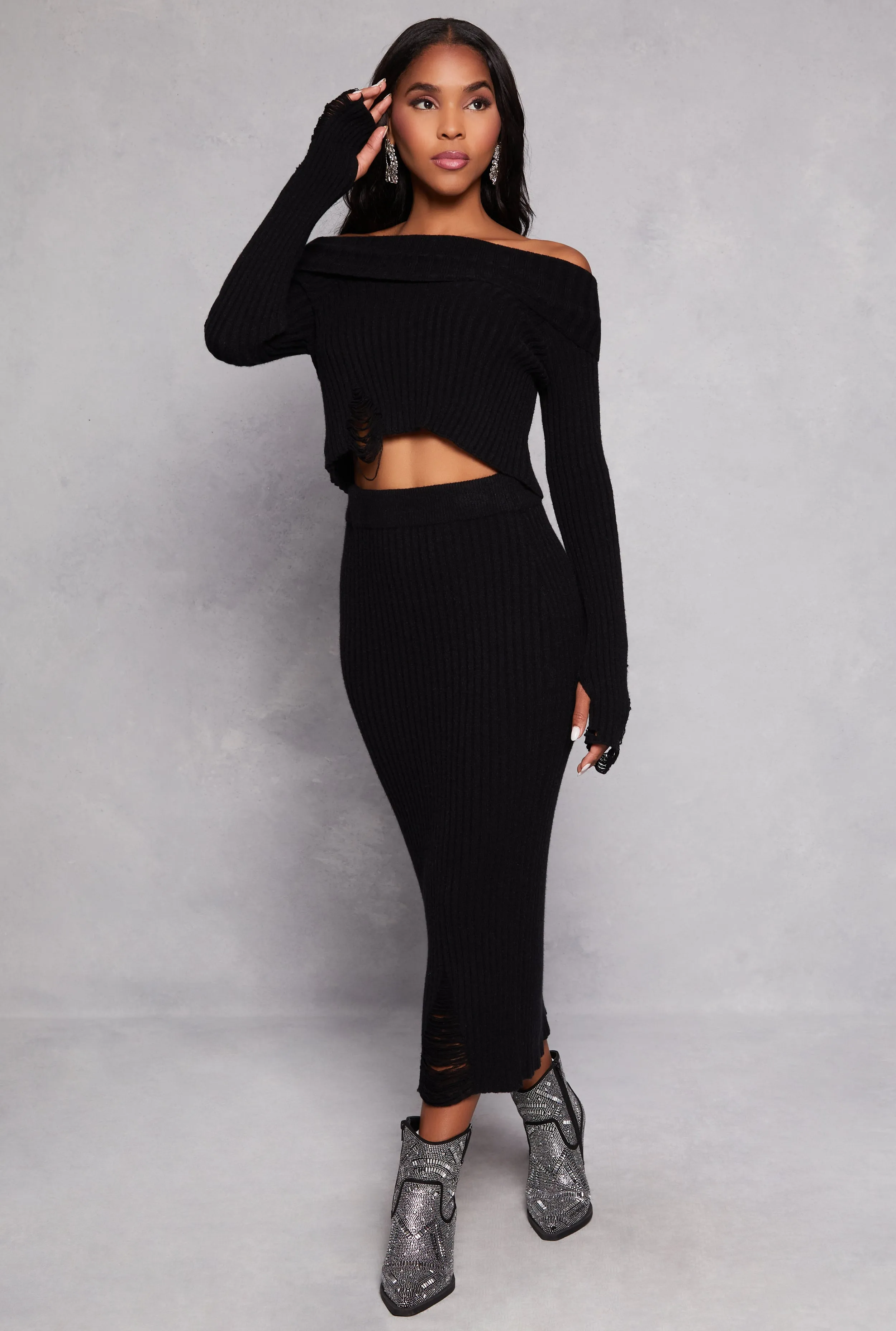 Distressed Ribbed Knit Off the Shoulder Sweater sold by Rainbow product image thumbnail 2