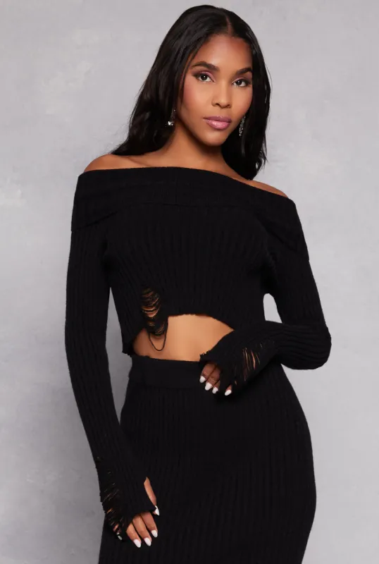 Distressed Ribbed Knit Off the Shoulder Sweater sold by Rainbow