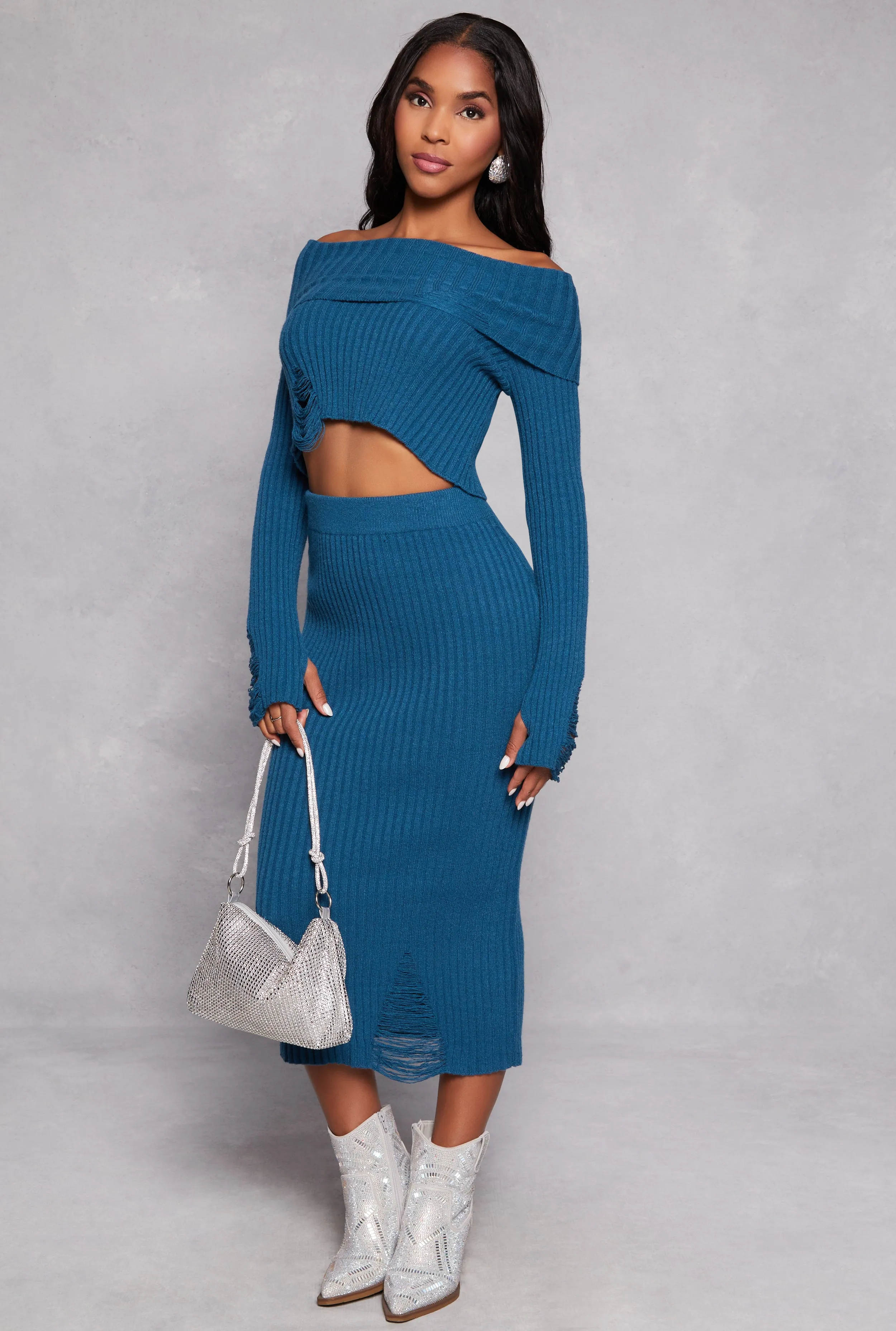 Distressed Ribbed Knit Off the Shoulder Sweater sold by Rainbow product image thumbnail 2