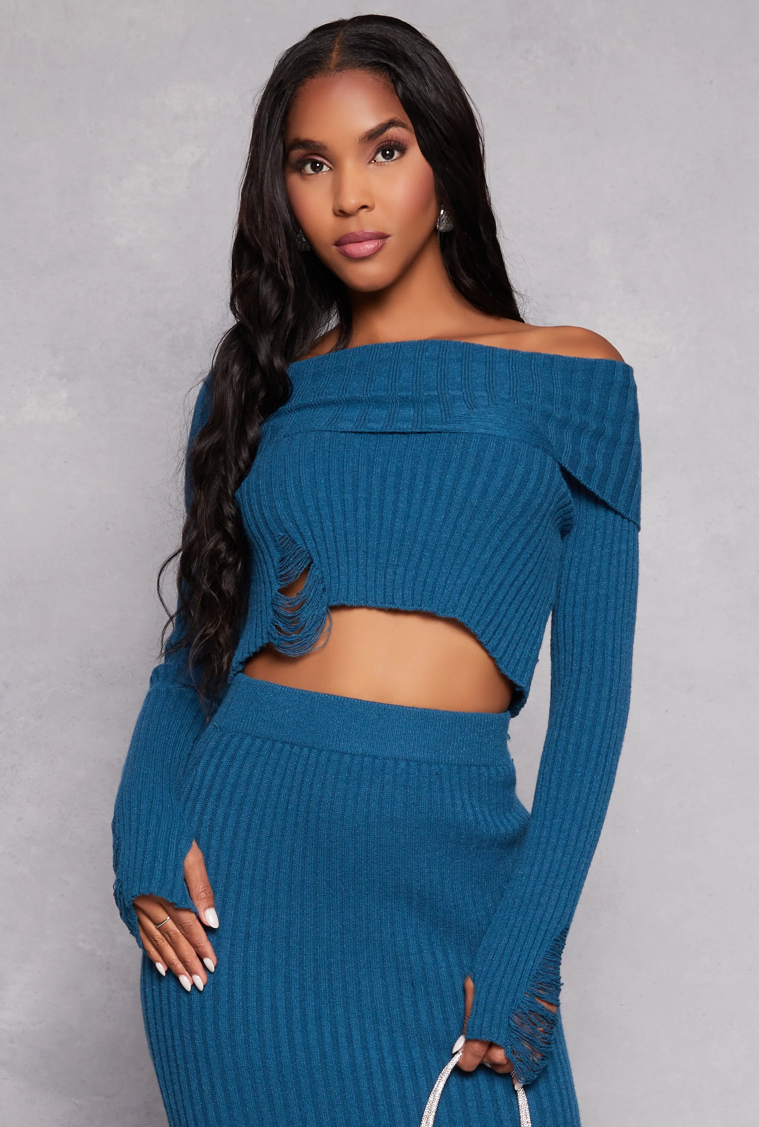 Distressed Ribbed Knit Off the Shoulder Sweater sold by Rainbow