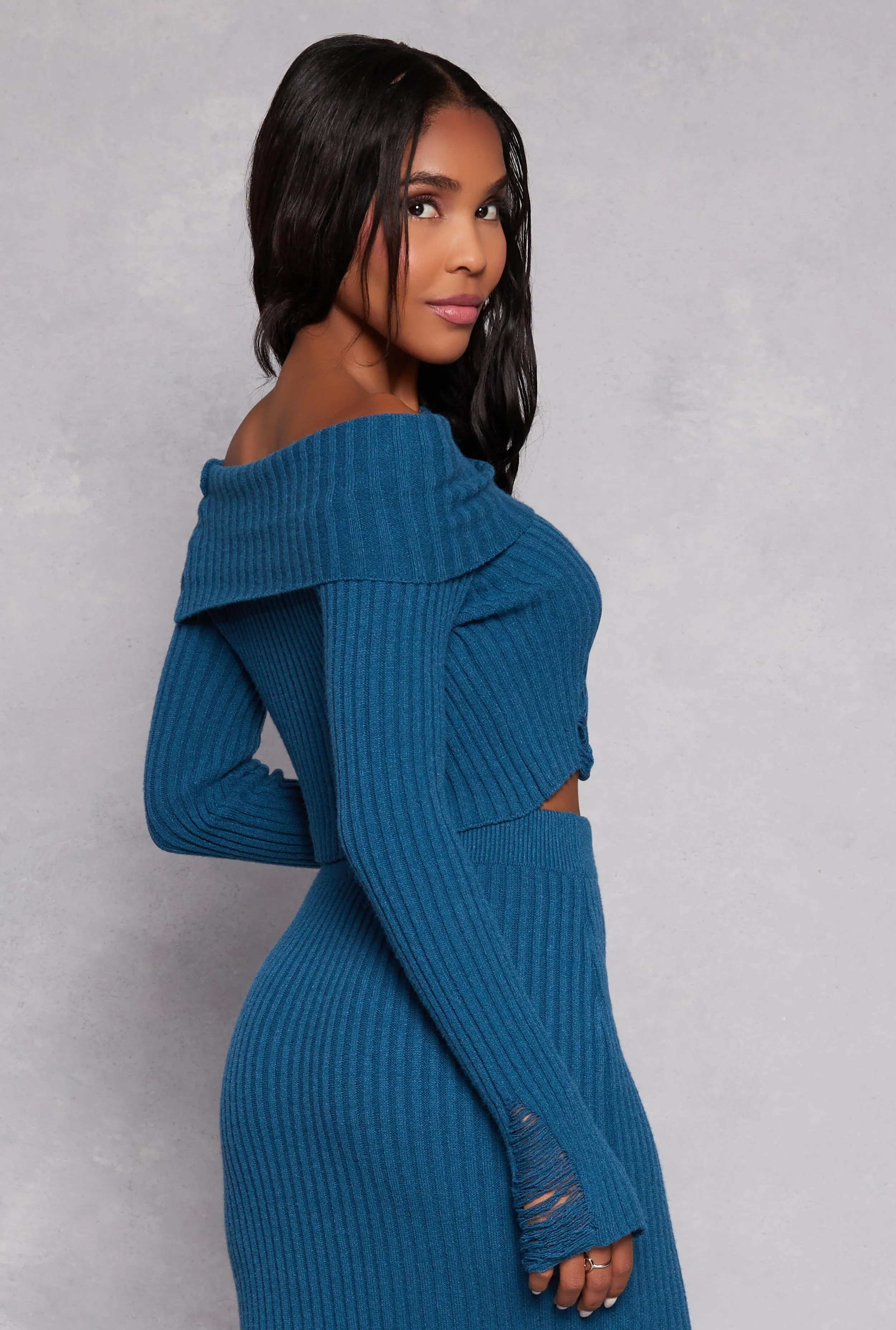 Distressed Ribbed Knit Off the Shoulder Sweater sold by Rainbow product image thumbnail 3
