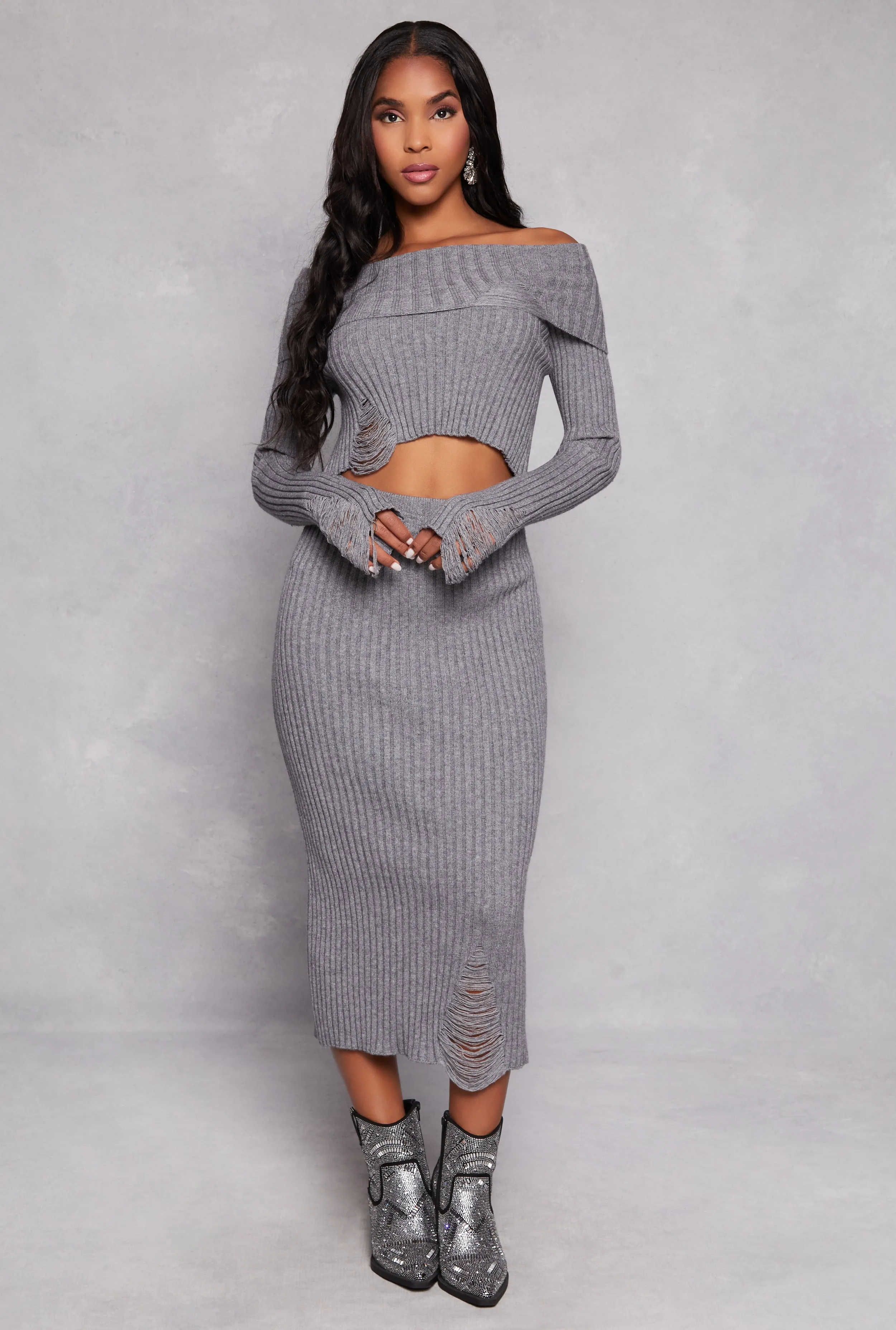 Distressed Ribbed Knit Off the Shoulder Sweater sold by Rainbow product image thumbnail 2