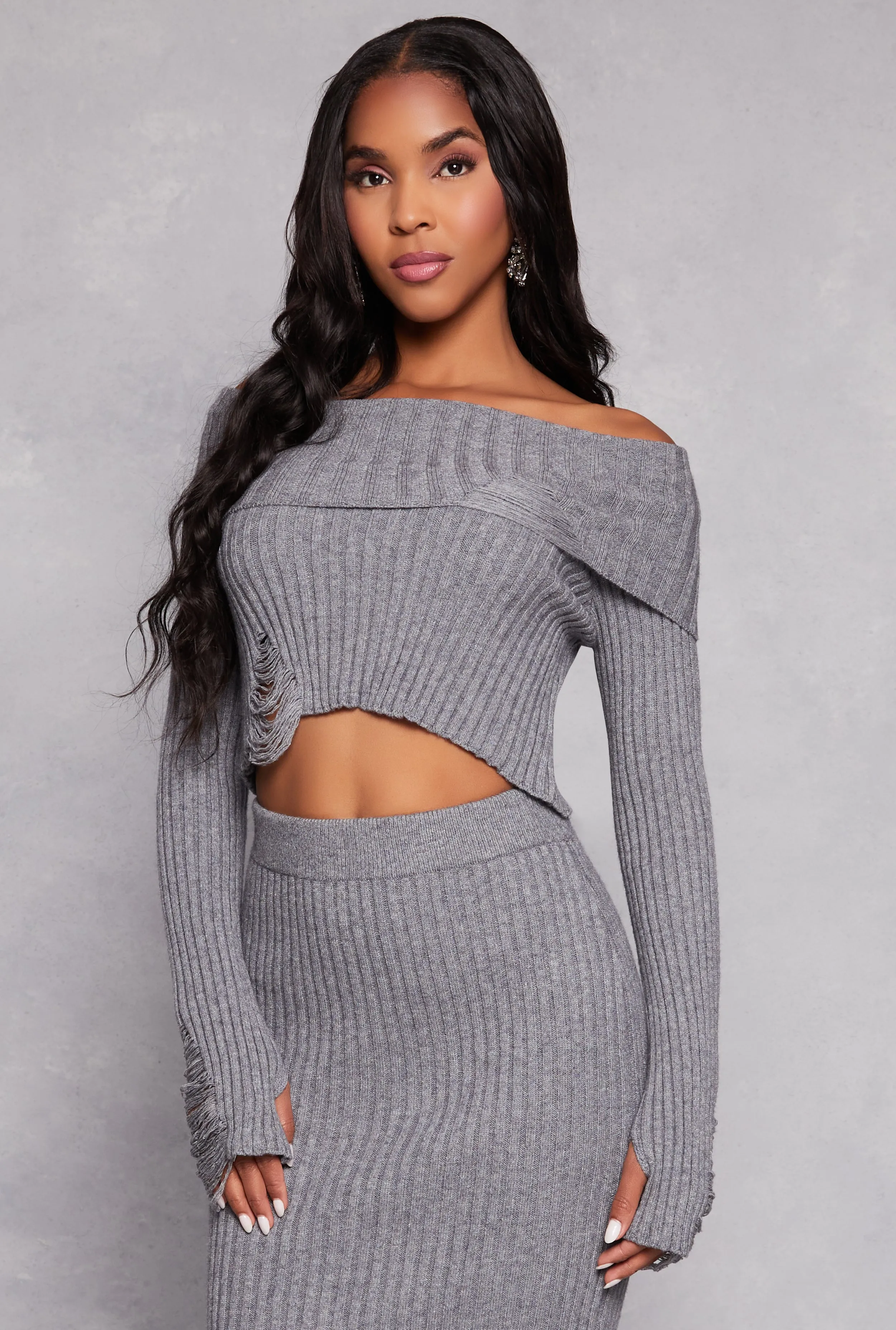 Distressed Ribbed Knit Off the Shoulder Sweater sold by Rainbow
