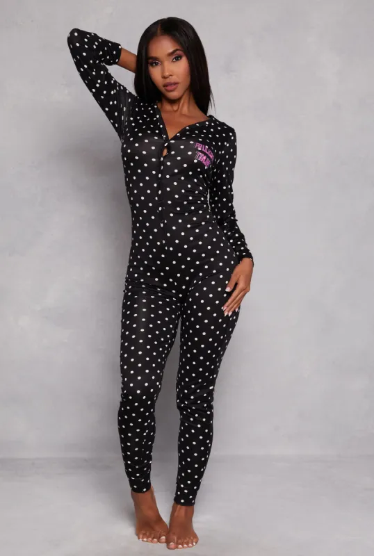 Pillow Talk Polka Dot Print Button Front Pajama Onesie sold by Rainbow