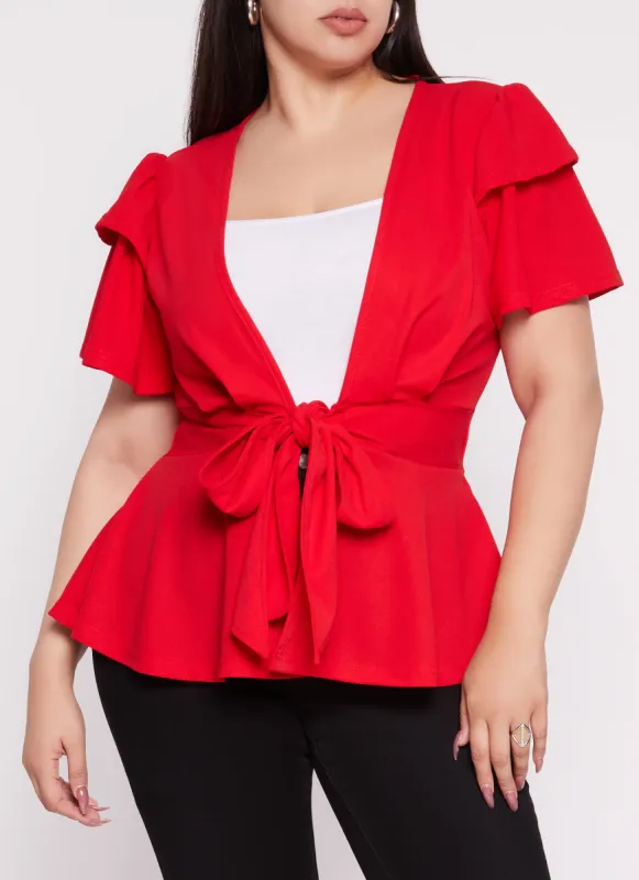 Plus Size Tiered Sleeve Tie Front Peplum Top sold by Rainbow