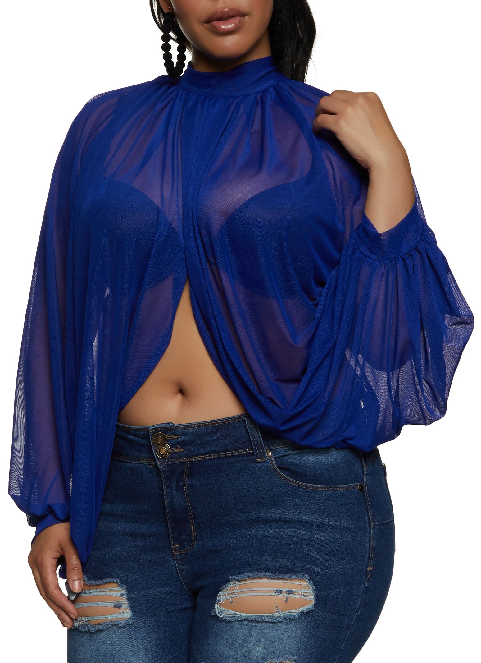 Plus Size Mesh Tie Back Split Hem Top sold by Rainbow
