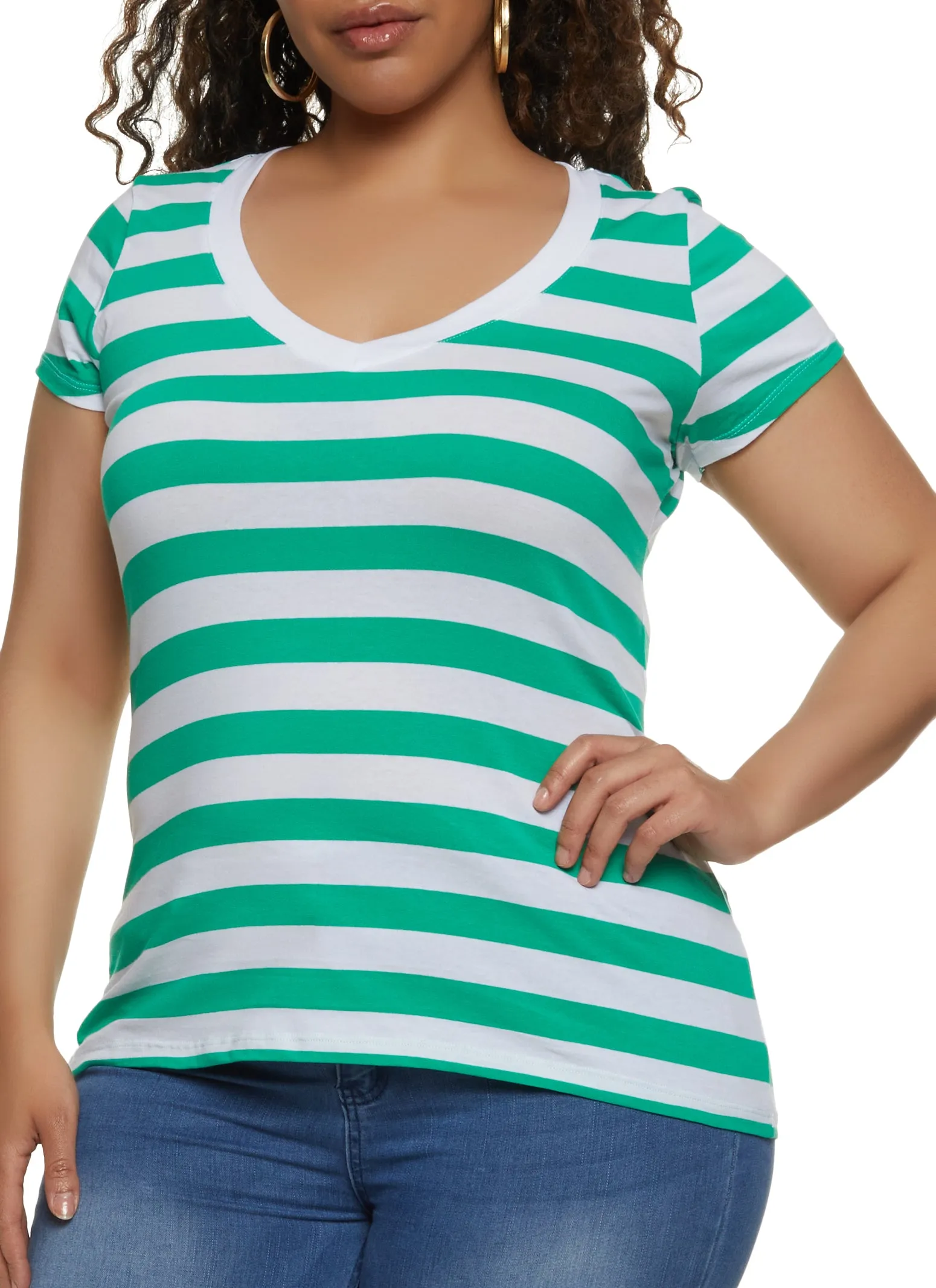 Plus Size Striped Short Sleeve V Neck Tee sold by Rainbow