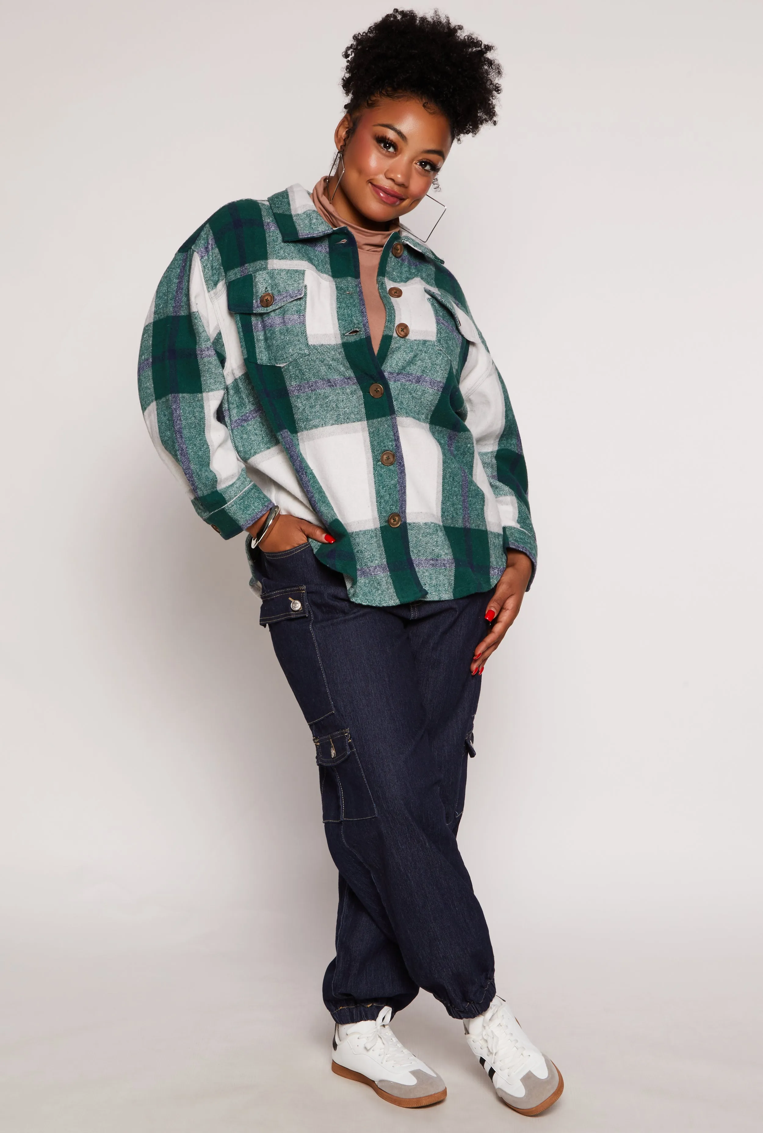 Plus Size Plaid Brushed Knit Flannel Shacket sold by Rainbow product image thumbnail 2