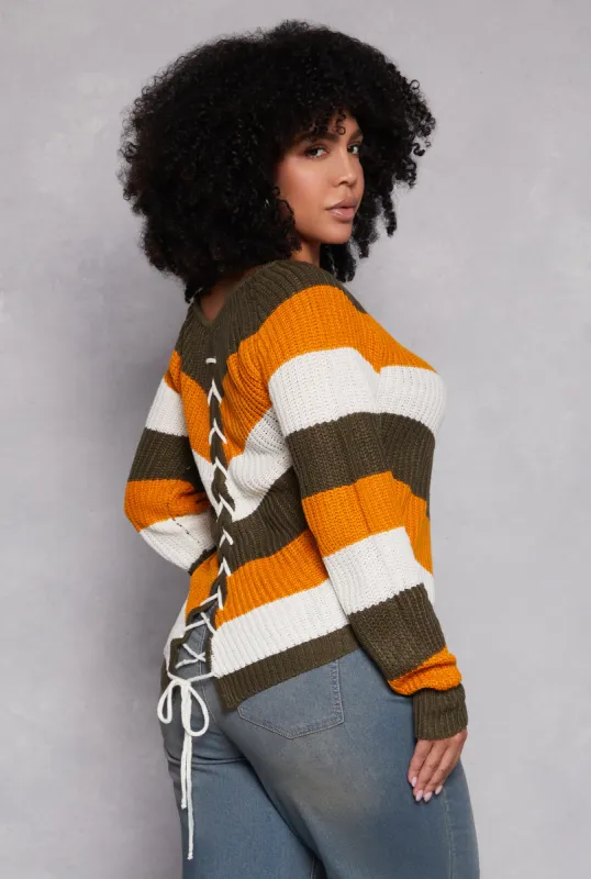 Plus Size Chevron Lace Up Pullover Sweater sold by Rainbow