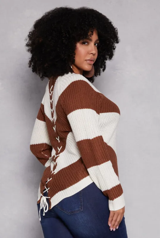 Plus Size Chevron Knit Lace Up V Neck Sweater sold by Rainbow