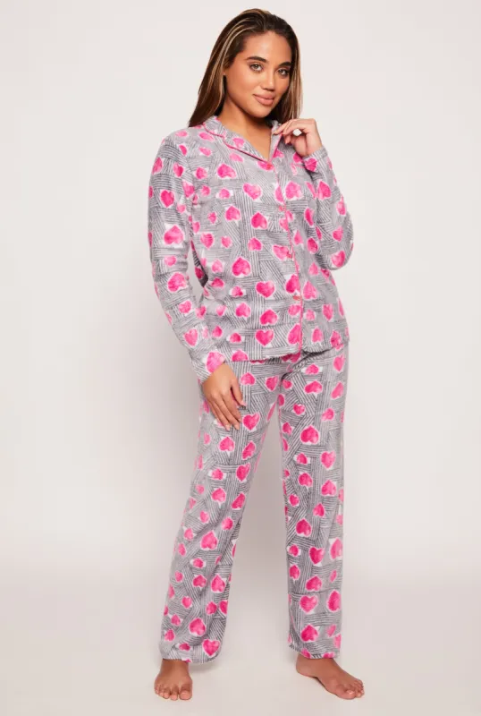 Fleece Heart Print Long Sleeve Pajama Shirt and Pants sold by Rainbow