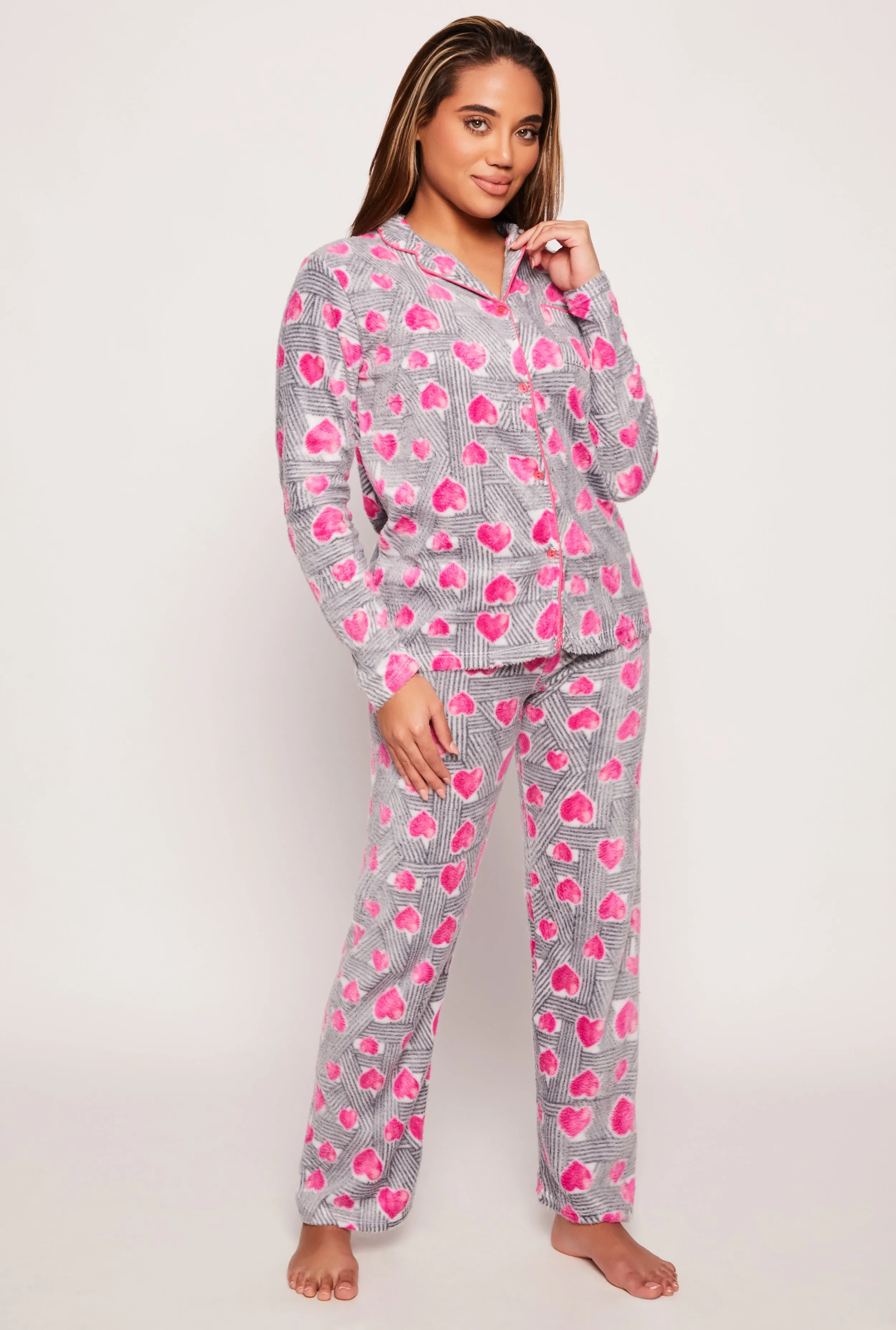 Fleece Heart Print Long Sleeve Pajama Shirt and Pants sold by Rainbow