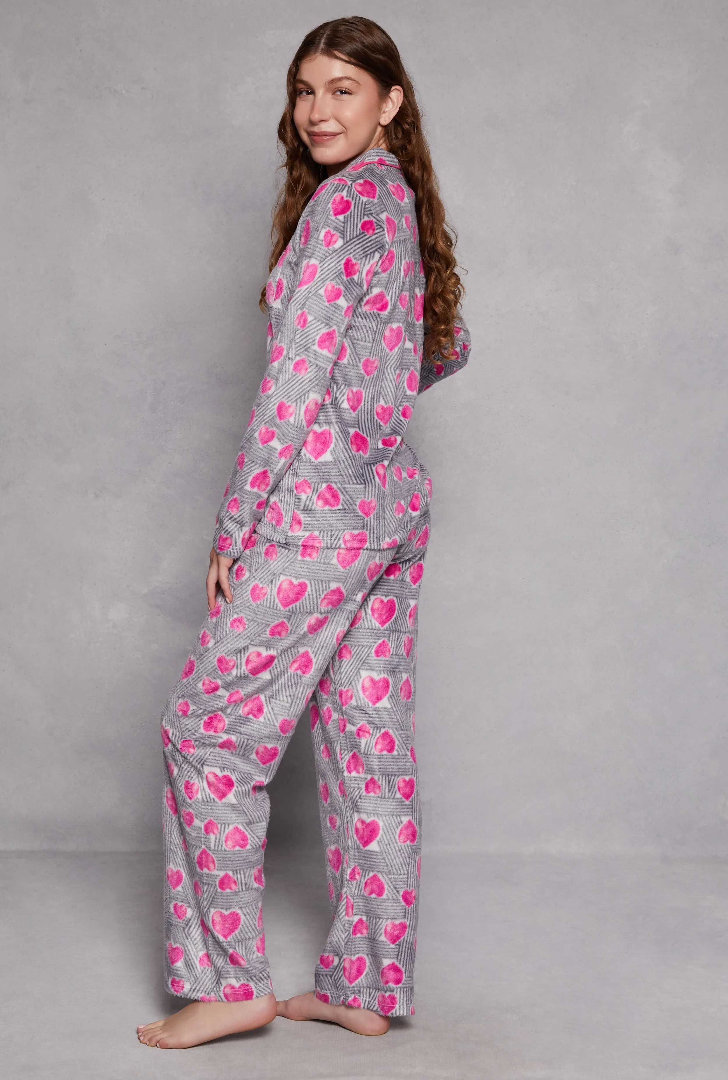 Fleece Heart Print Long Sleeve Pajama Shirt and Pants sold by Rainbow product image thumbnail 3