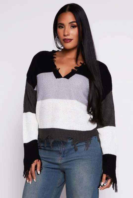 Distressed Hem Color Block Sweater sold by Rainbow
