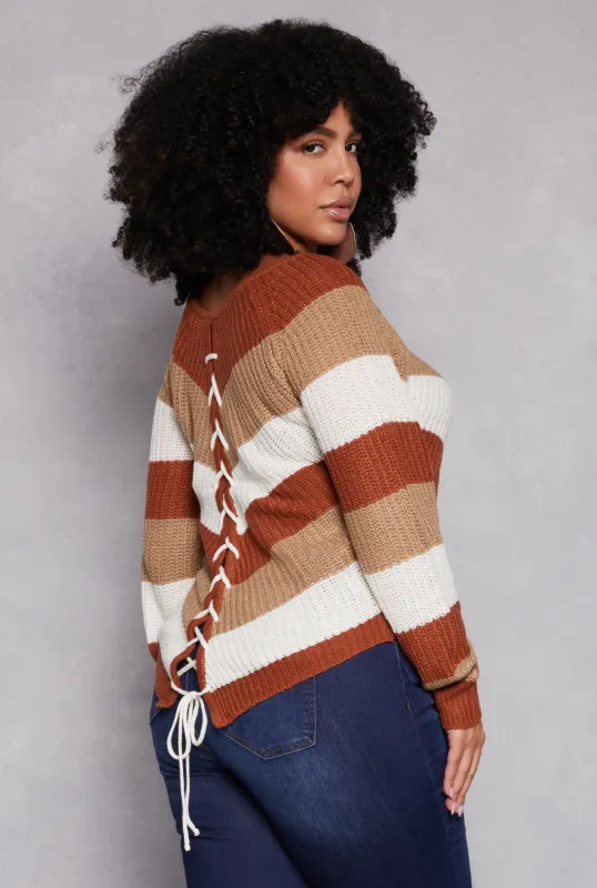 Plus Size Chevron Lace Up Pullover Sweater sold by Rainbow