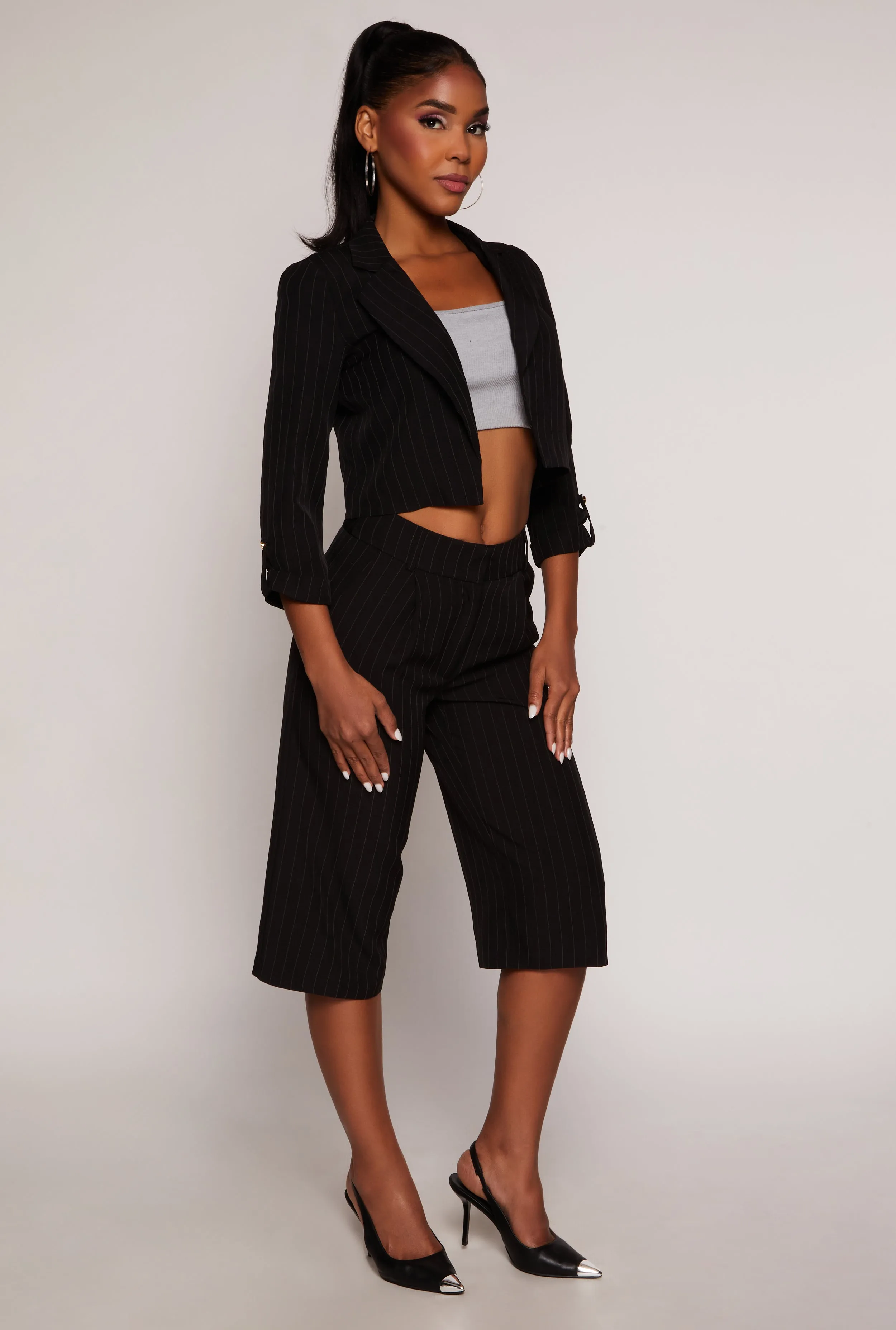 Pinstripe Tabbed Sleeve Cropped Blazer sold by Rainbow product image thumbnail 2