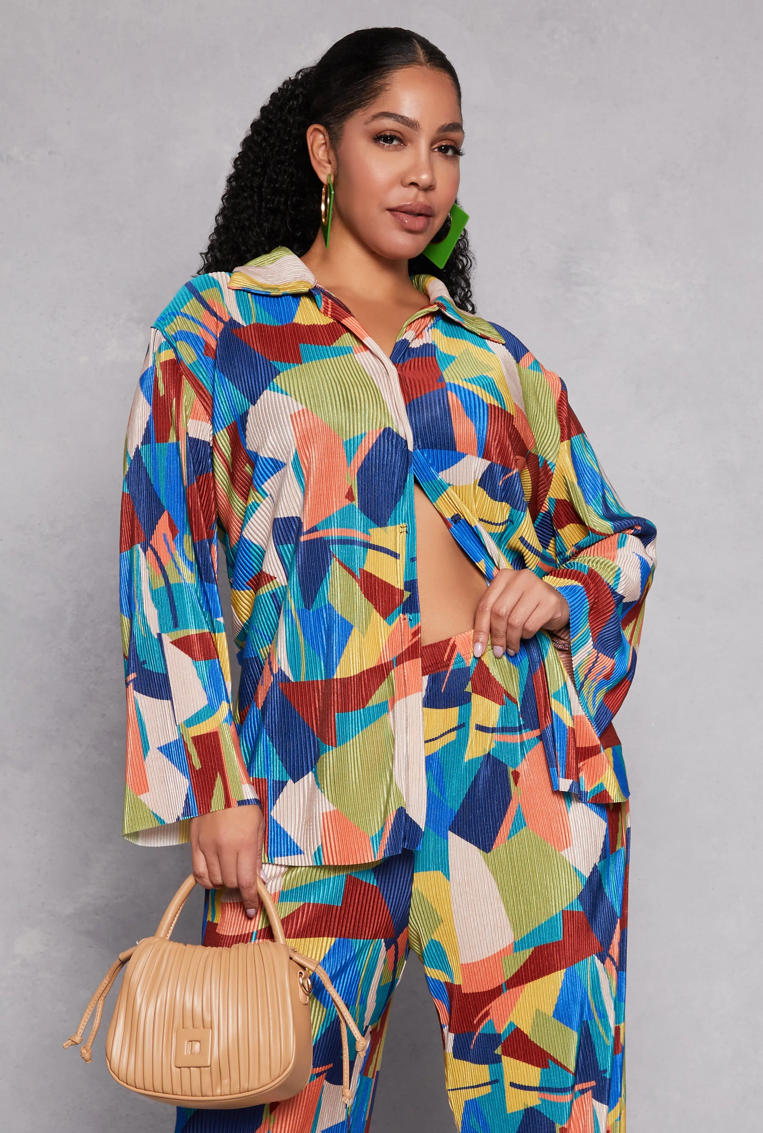 Plus Size Plisse Printed Button Front Shirt sold by Rainbow