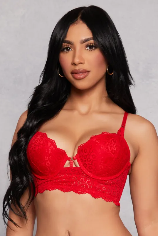 Patterned Lace Caged Detail Longline Plunge Bra sold by Rainbow