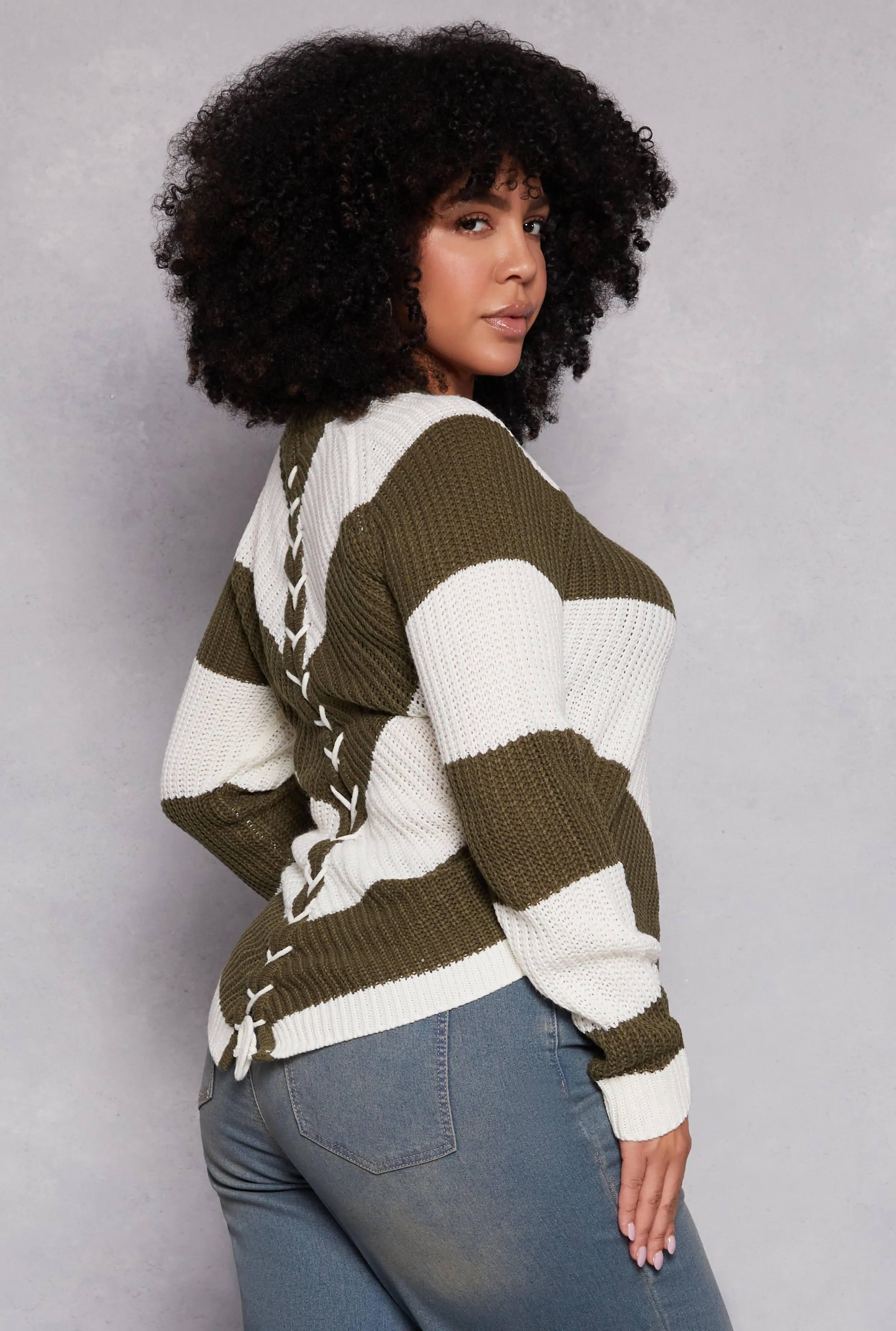 Plus Size Chevron Knit Lace Up V Neck Sweater sold by Rainbow