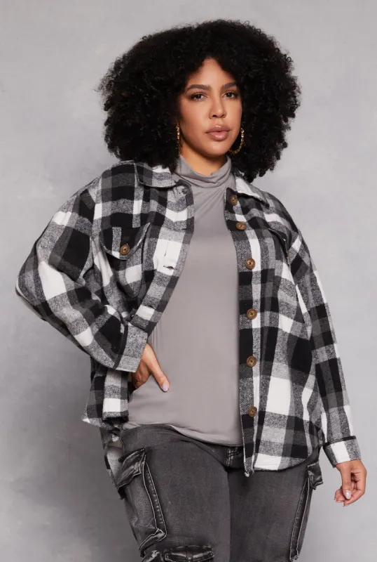 Plus Size Plaid Brushed Knit Flannel Shacket sold by Rainbow