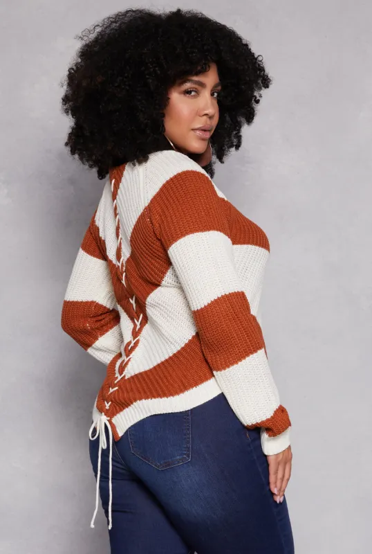 Plus Size Chevron Knit Lace Up V Neck Sweater sold by Rainbow