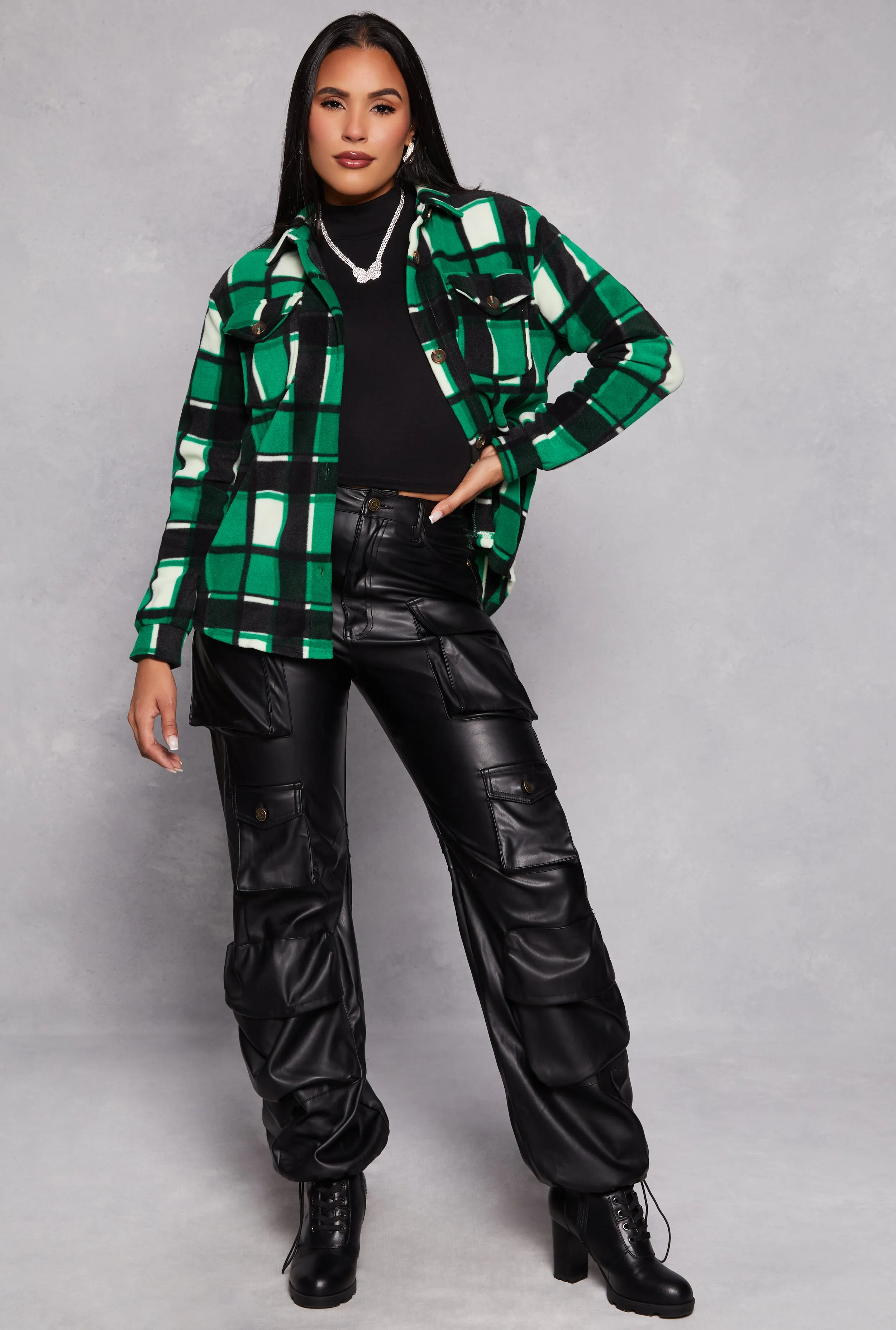 Fleece Plaid Button Front Shacket sold by Rainbow product image thumbnail 2