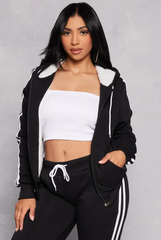 Varsity Stripe Zip Front Sherpa Lined Hoodie sold by Rainbow