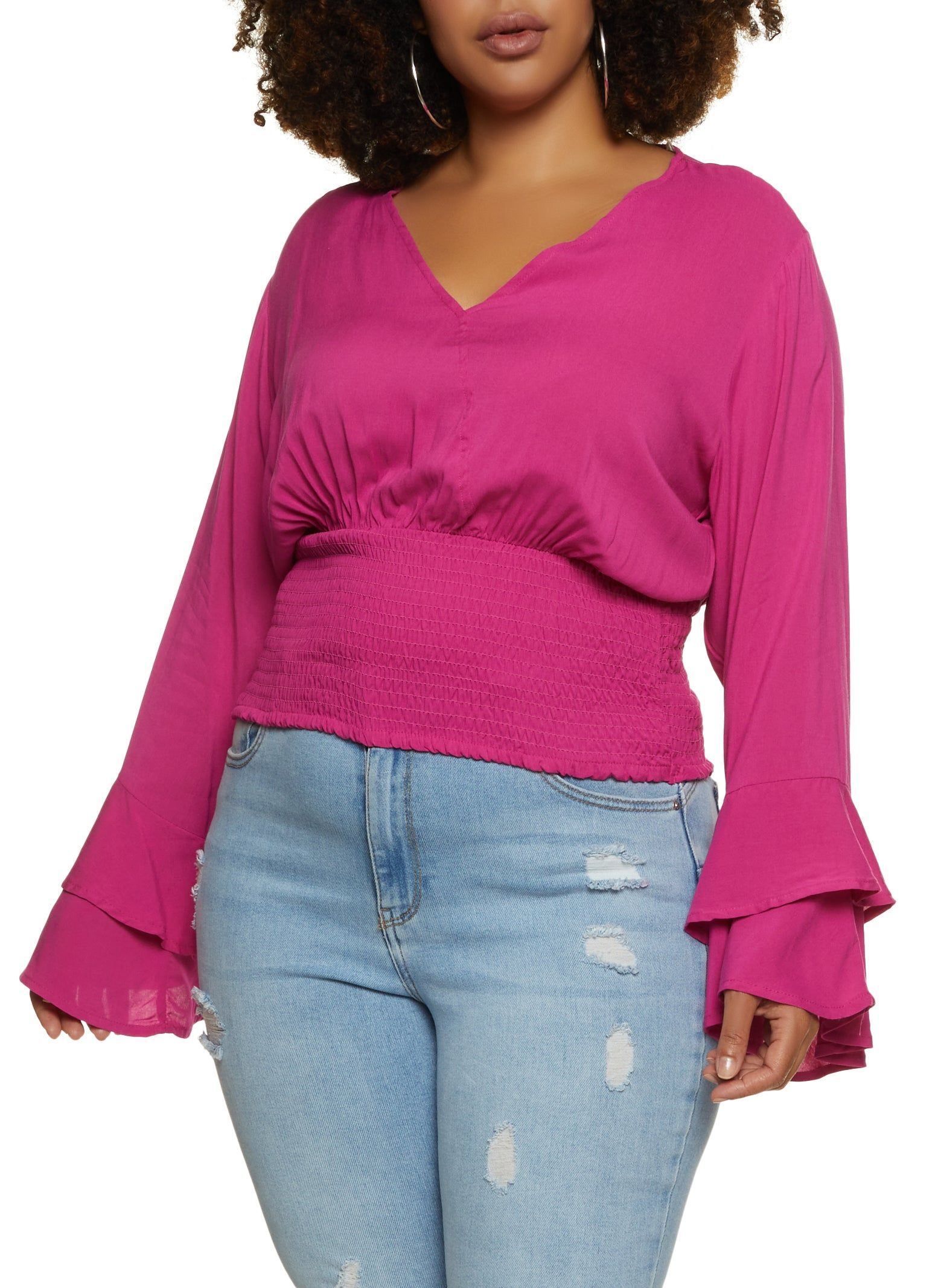 Plus Size Smocked Waist Faux Wrap Top sold by Rainbow