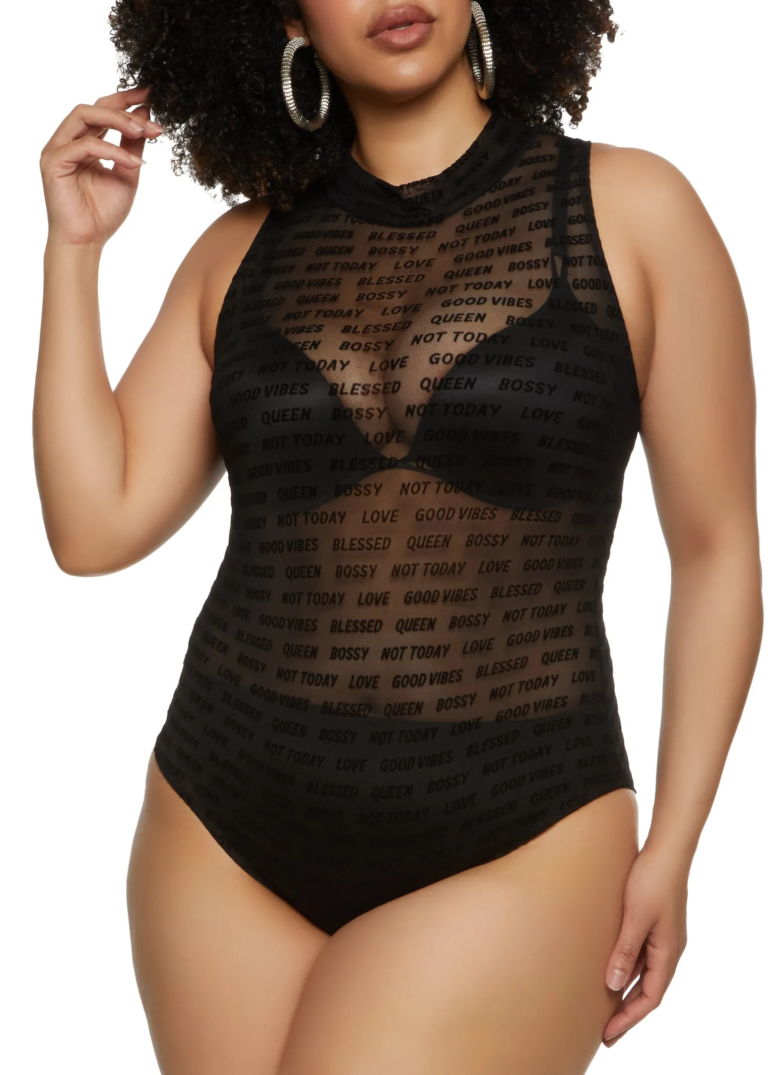 Plus Size Mesh Velvet Burnout Sleeveless Graphic Bodysuit sold by Rainbow