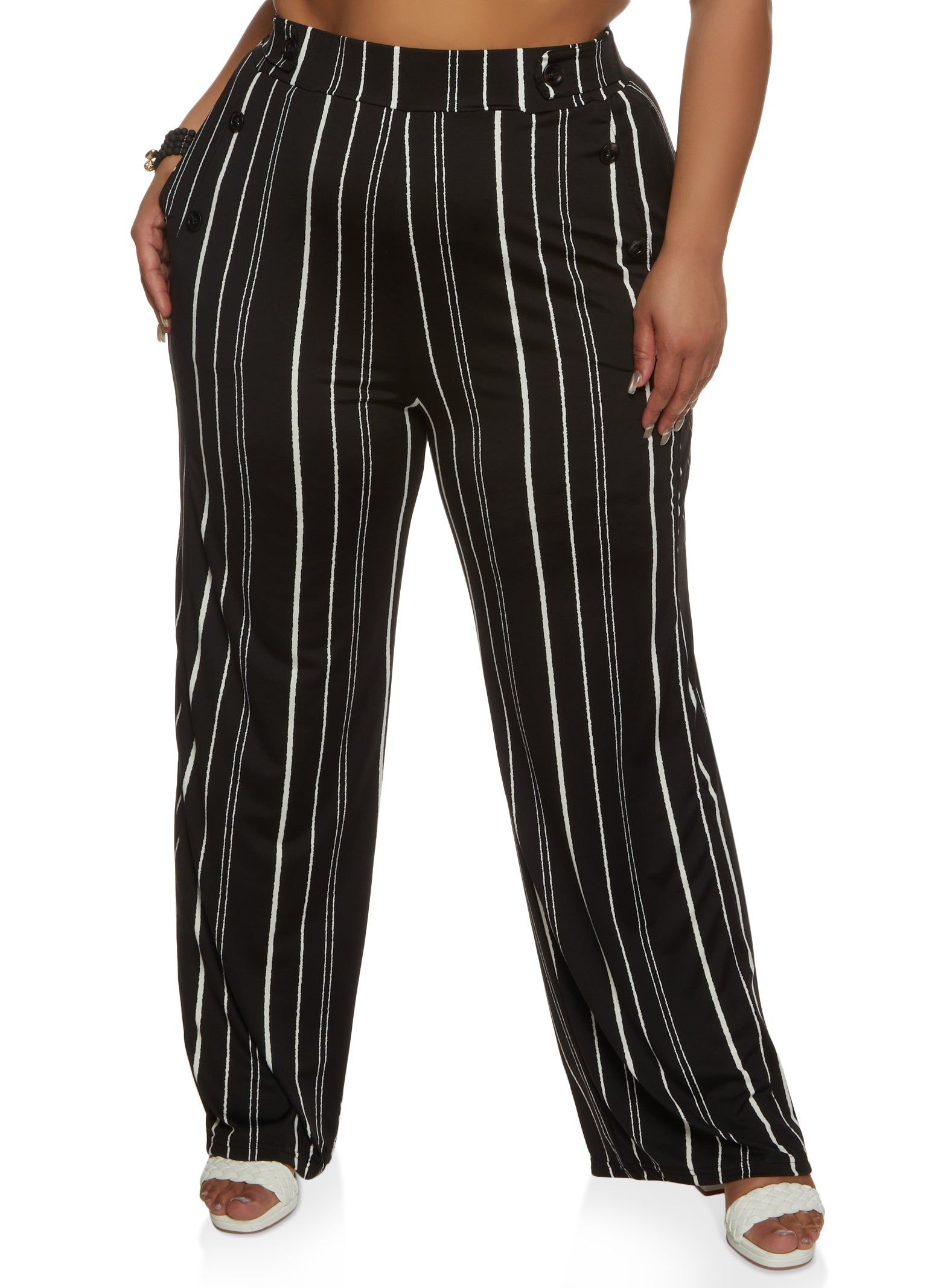 Plus Size Striped Faux Button Detail Wide Leg Pants sold by Rainbow