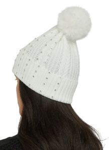 Rhinestone Studded Textured Knit Pom Pom Beanie sold by Rainbow