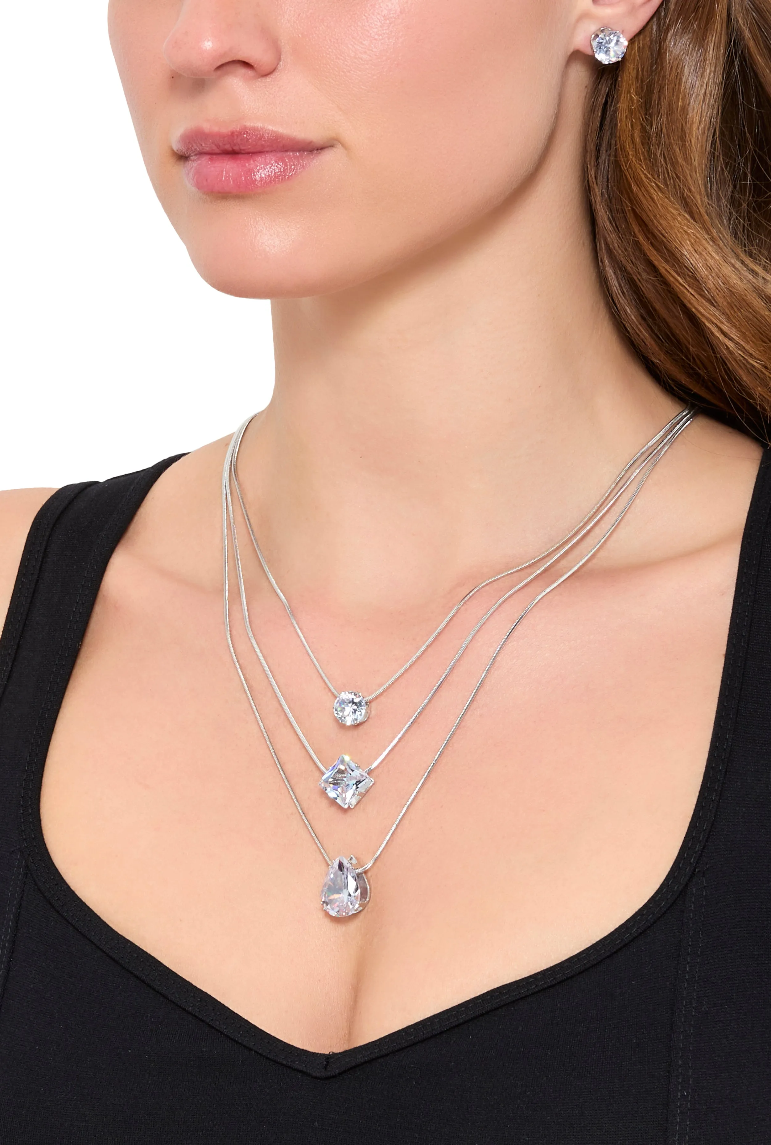 Cubic Zirconia Three Layered Necklace and Stud Earrings sold by Rainbow