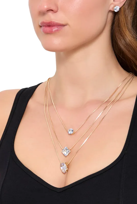 Cubic Zirconia Three Layered Necklace and Stud Earrings sold by Rainbow