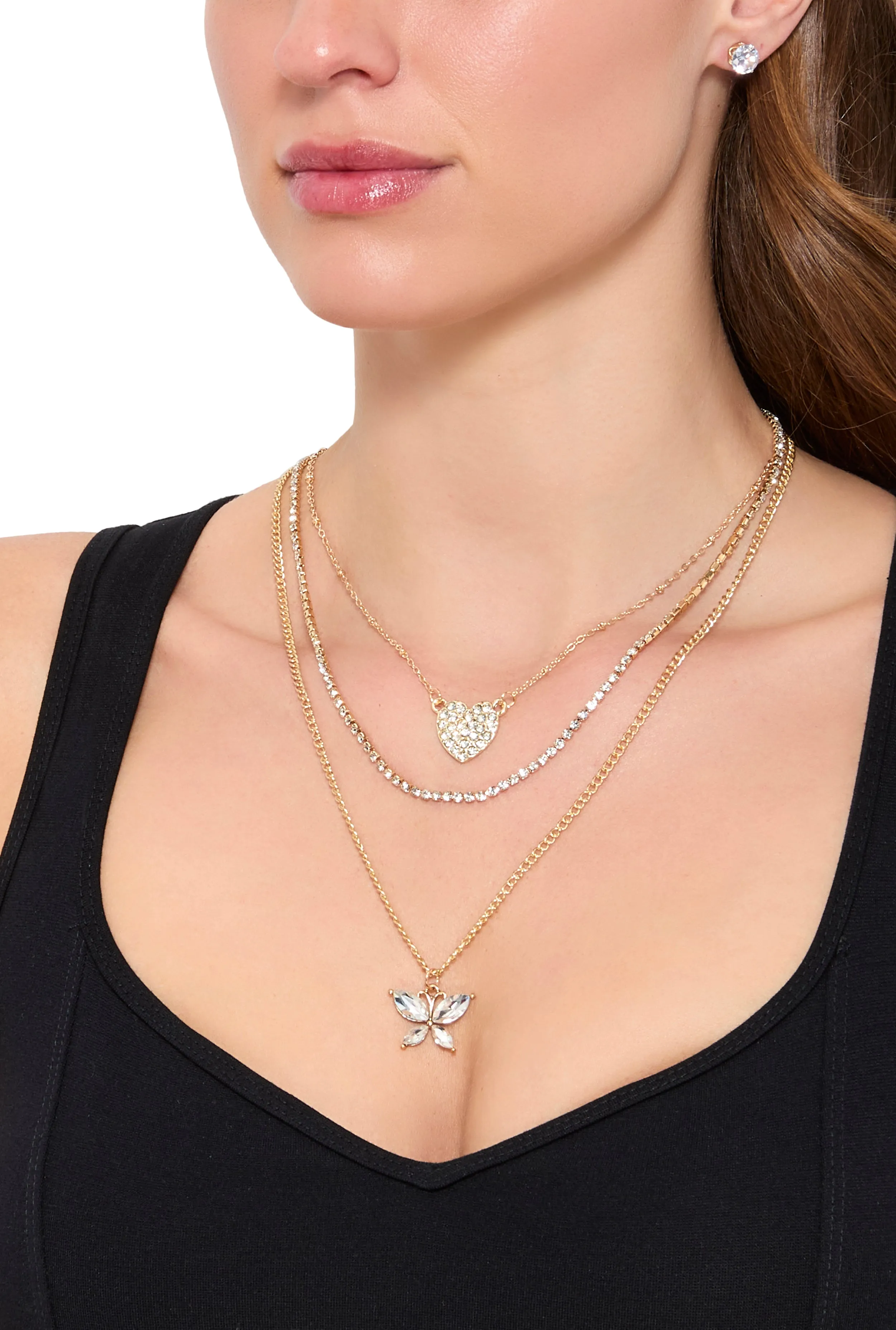 Cubic Zirconia Butterfly Layered Necklace and Stud Earrings sold by Rainbow