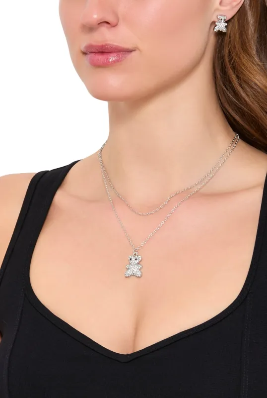 Cubic Zirconia Bear Layered Necklace and Stud Earrings sold by Rainbow