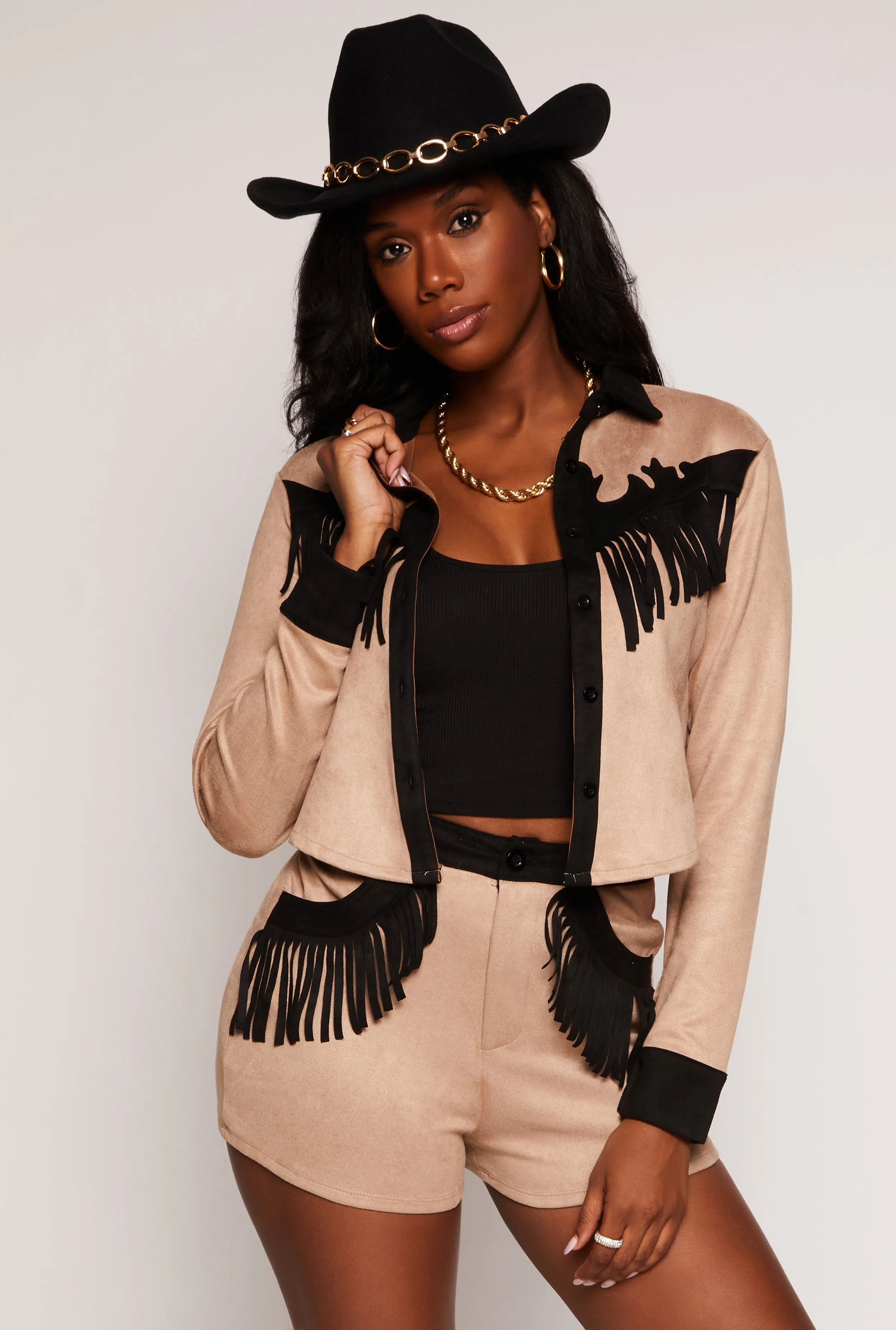 Faux Suede Fringe Trim Shacket sold by Rainbow