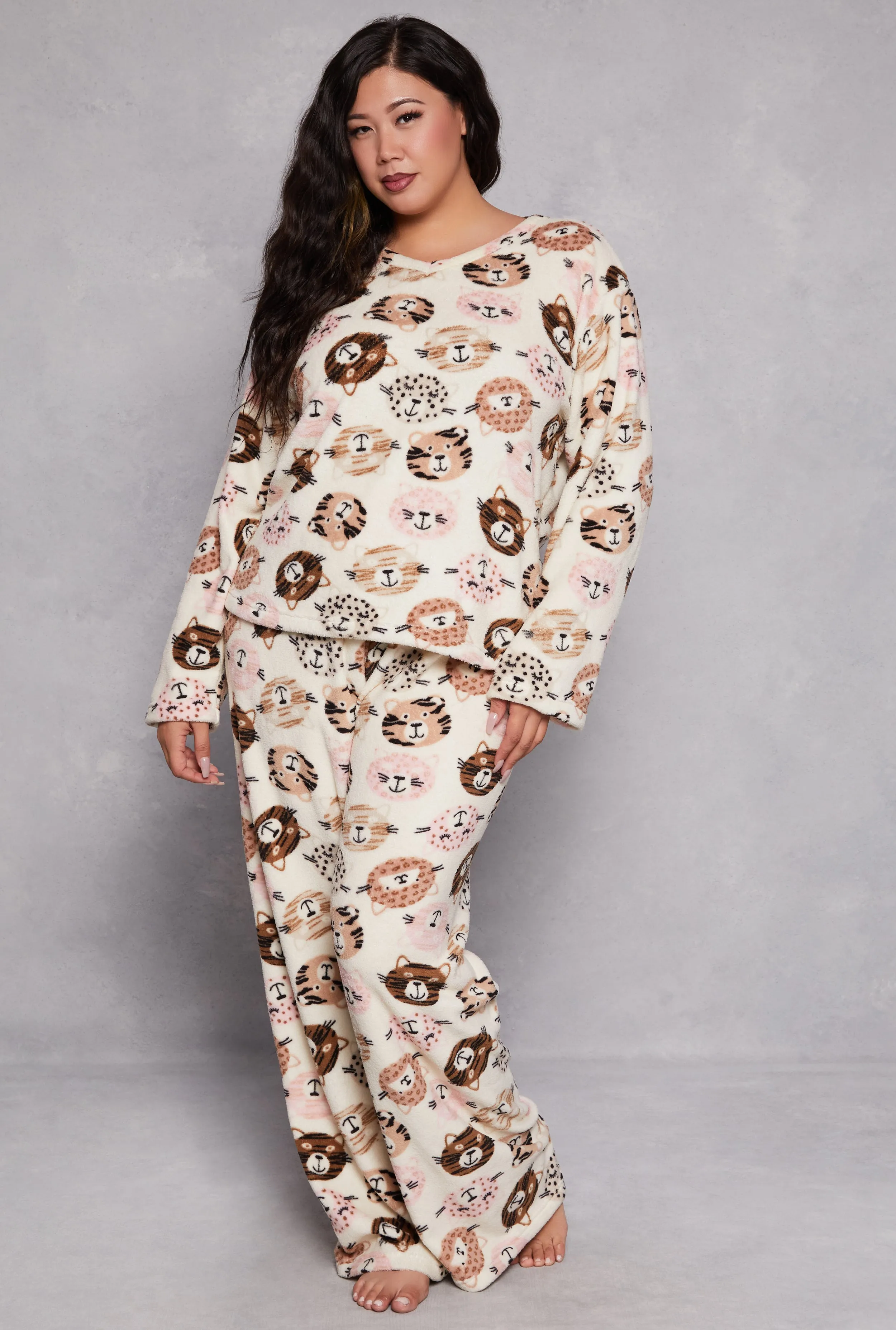 Plus Size Plush Cat Print Pajama Top and Pants Set sold by Rainbow