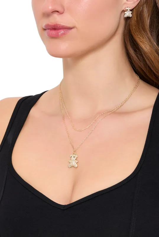 Cubic Zirconia Bear Layered Necklace and Stud Earrings sold by Rainbow
