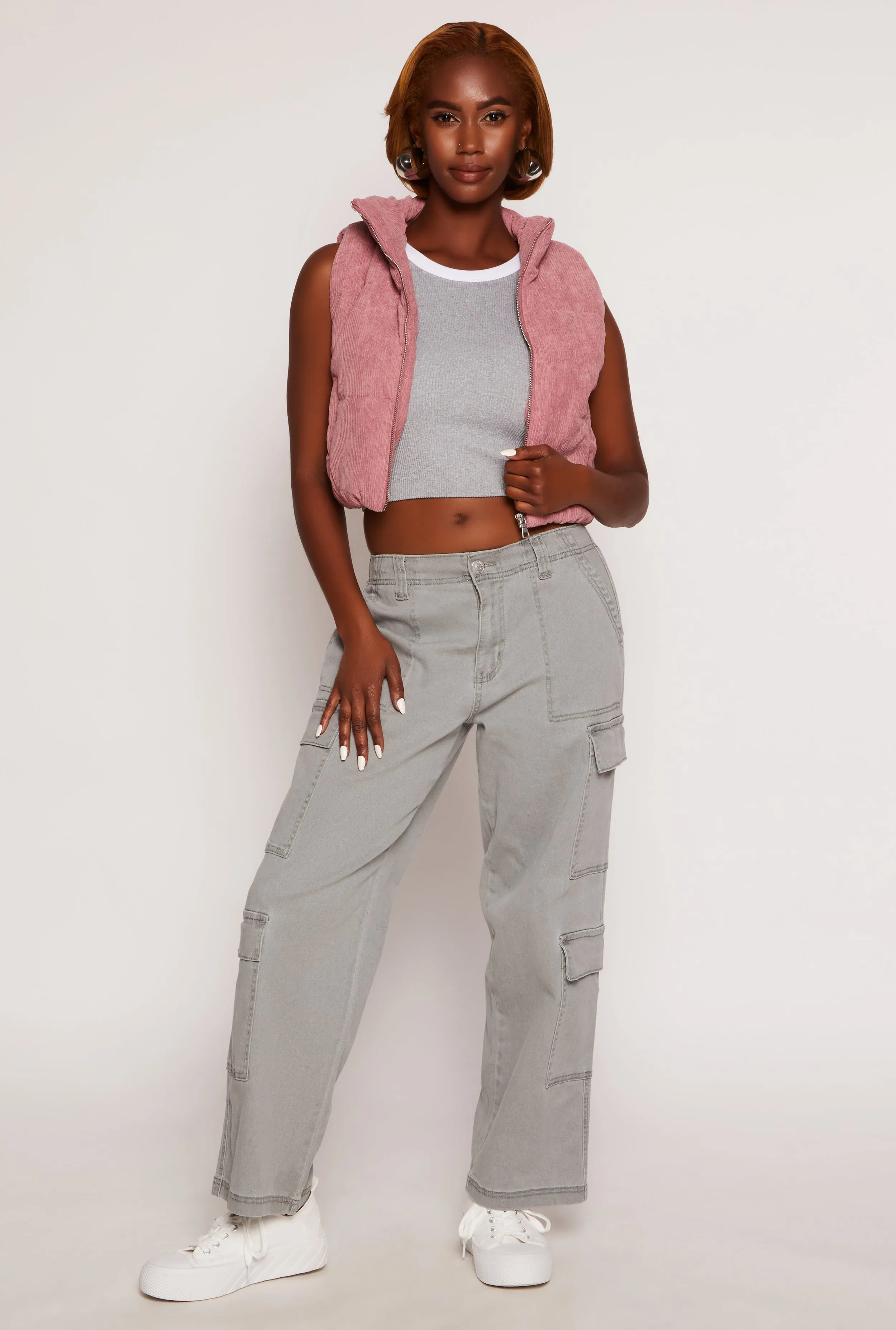 Corduroy Zip Front Cropped Puffer Vest sold by Rainbow product image thumbnail 2