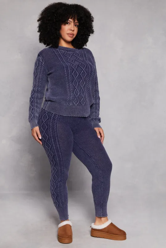 Plus Size Acid Wash Cable Knit High Waist Pants sold by Rainbow