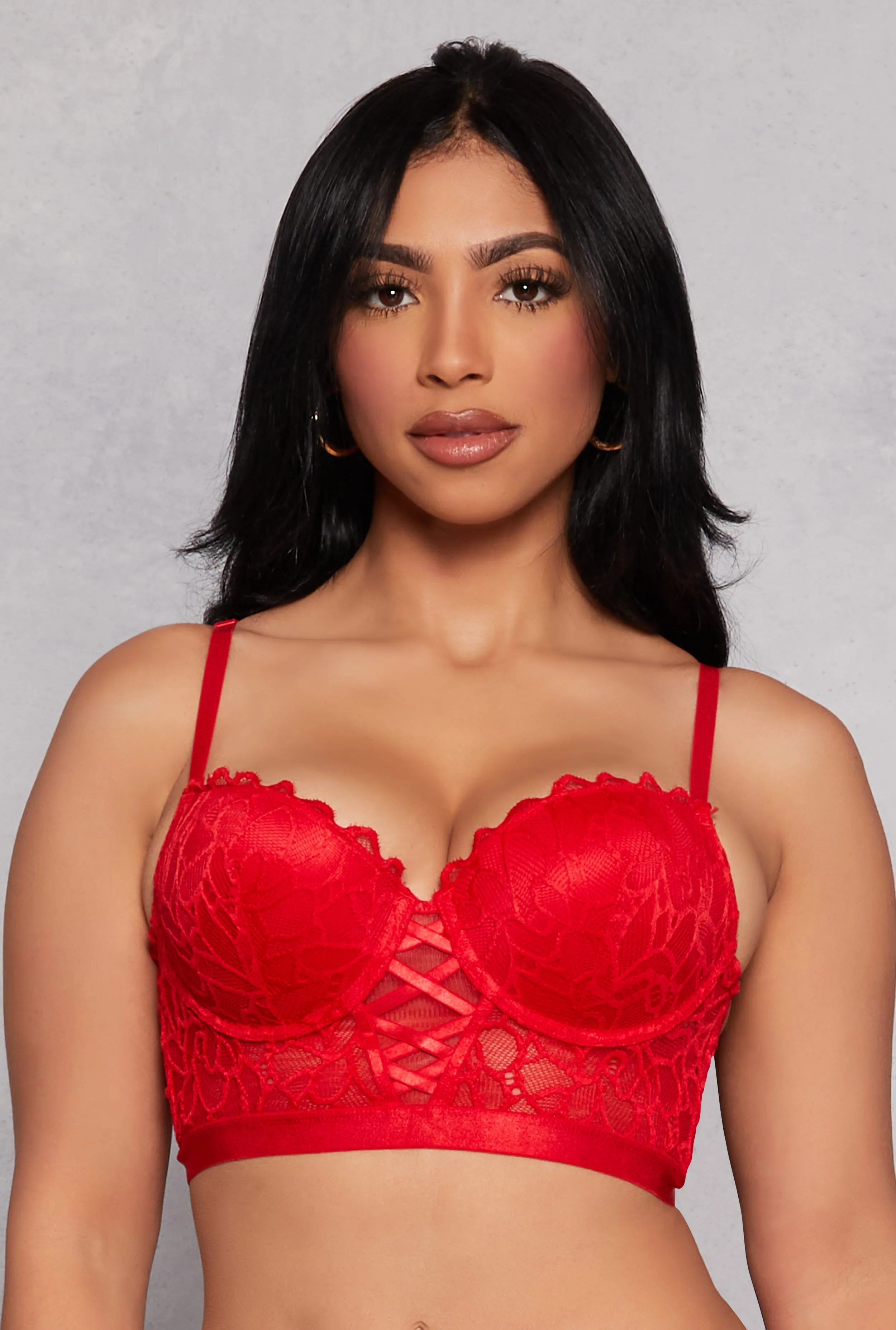 Floral Lace Caged Front Longline Plunge Bra sold by Rainbow