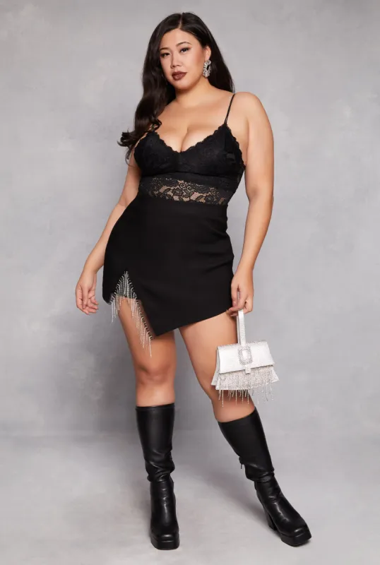 Plus Size Rhinestone Fringe Detail Asymmetrical Skort sold by Rainbow