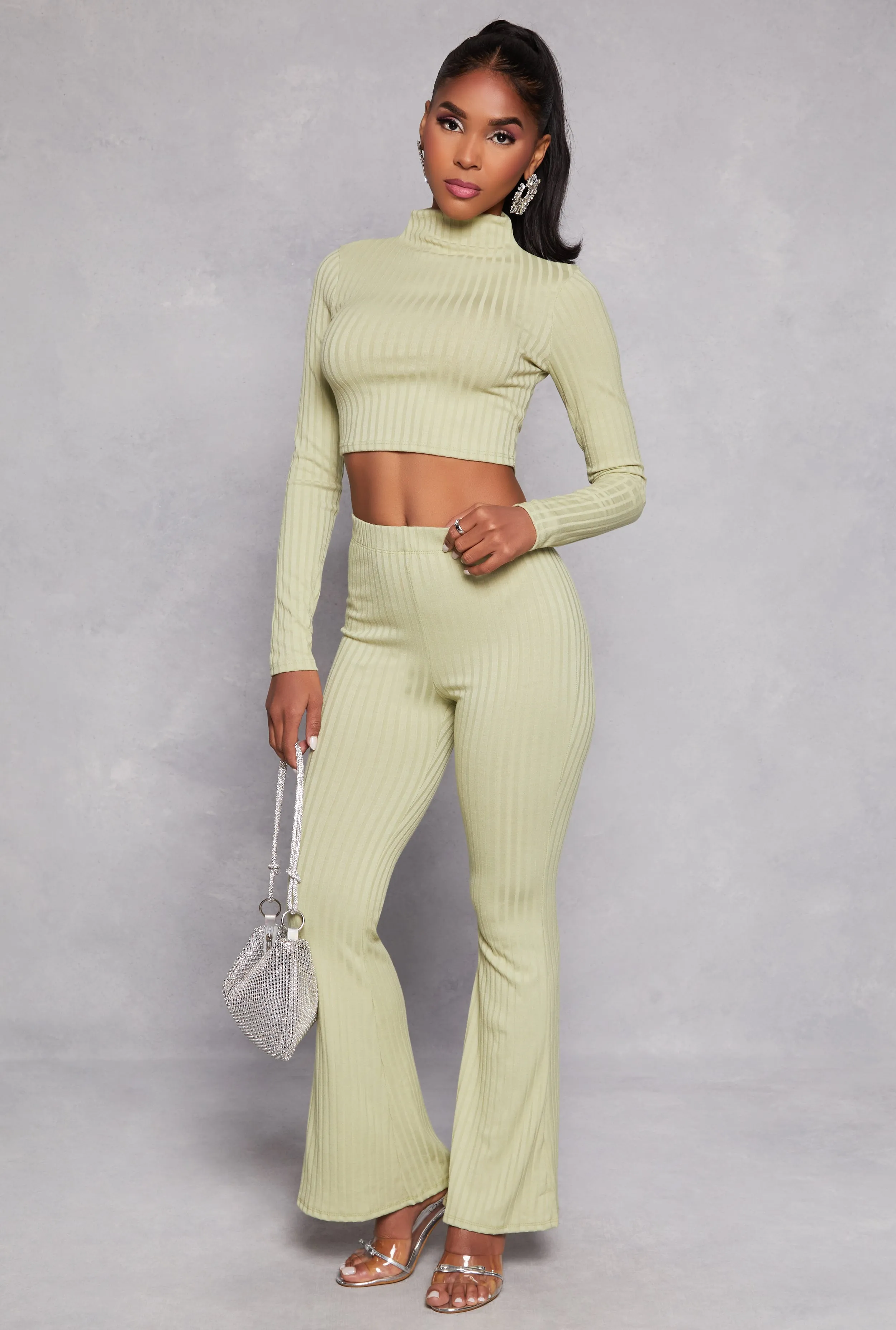 Ribbed Knit High Waist Flare Pants sold by Rainbow