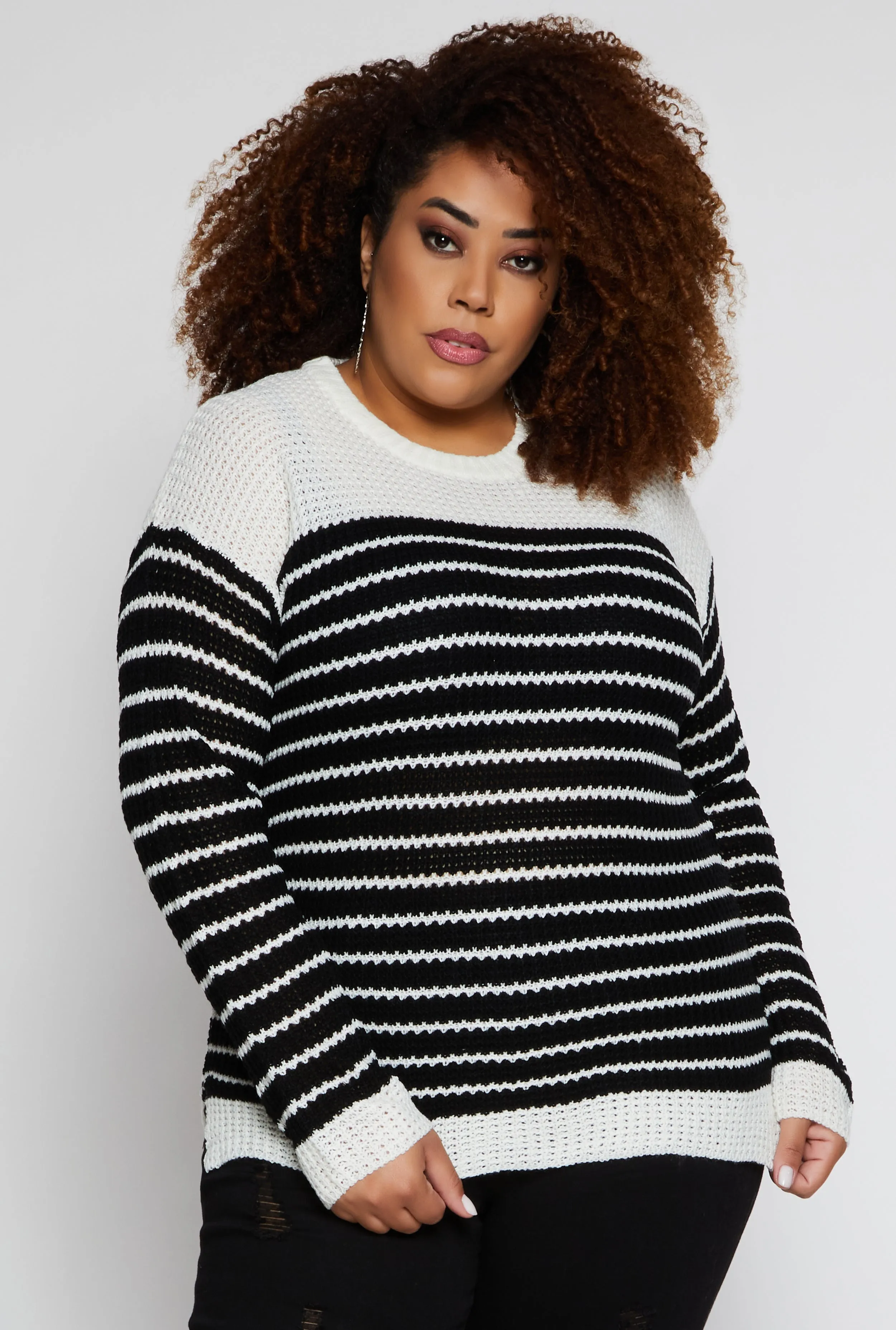 Plus Size Crew Neck Striped Sweater sold by Rainbow