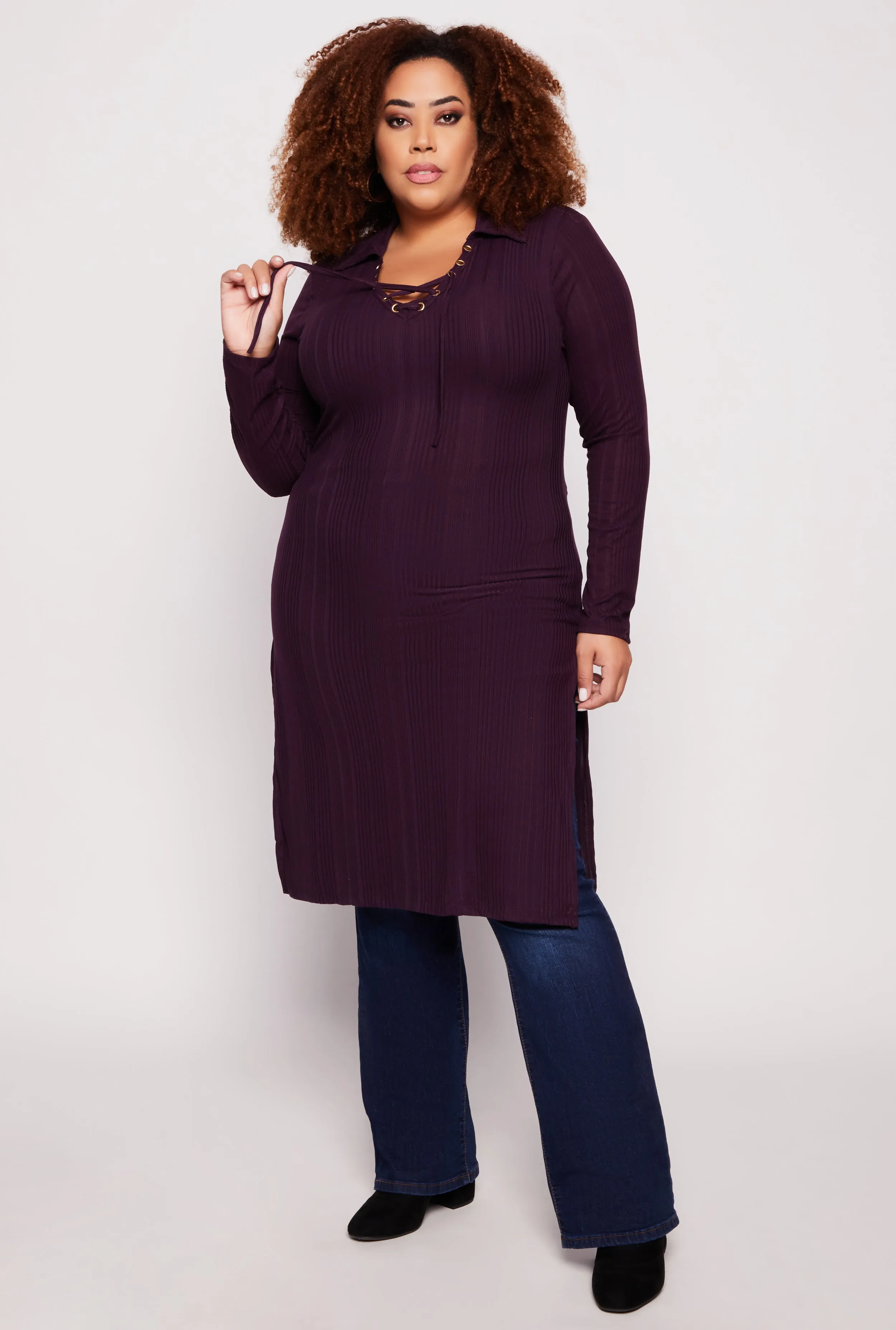 Plus Size Ribbed Knit Lace Up Collar Maxi Top sold by Rainbow product image thumbnail 2